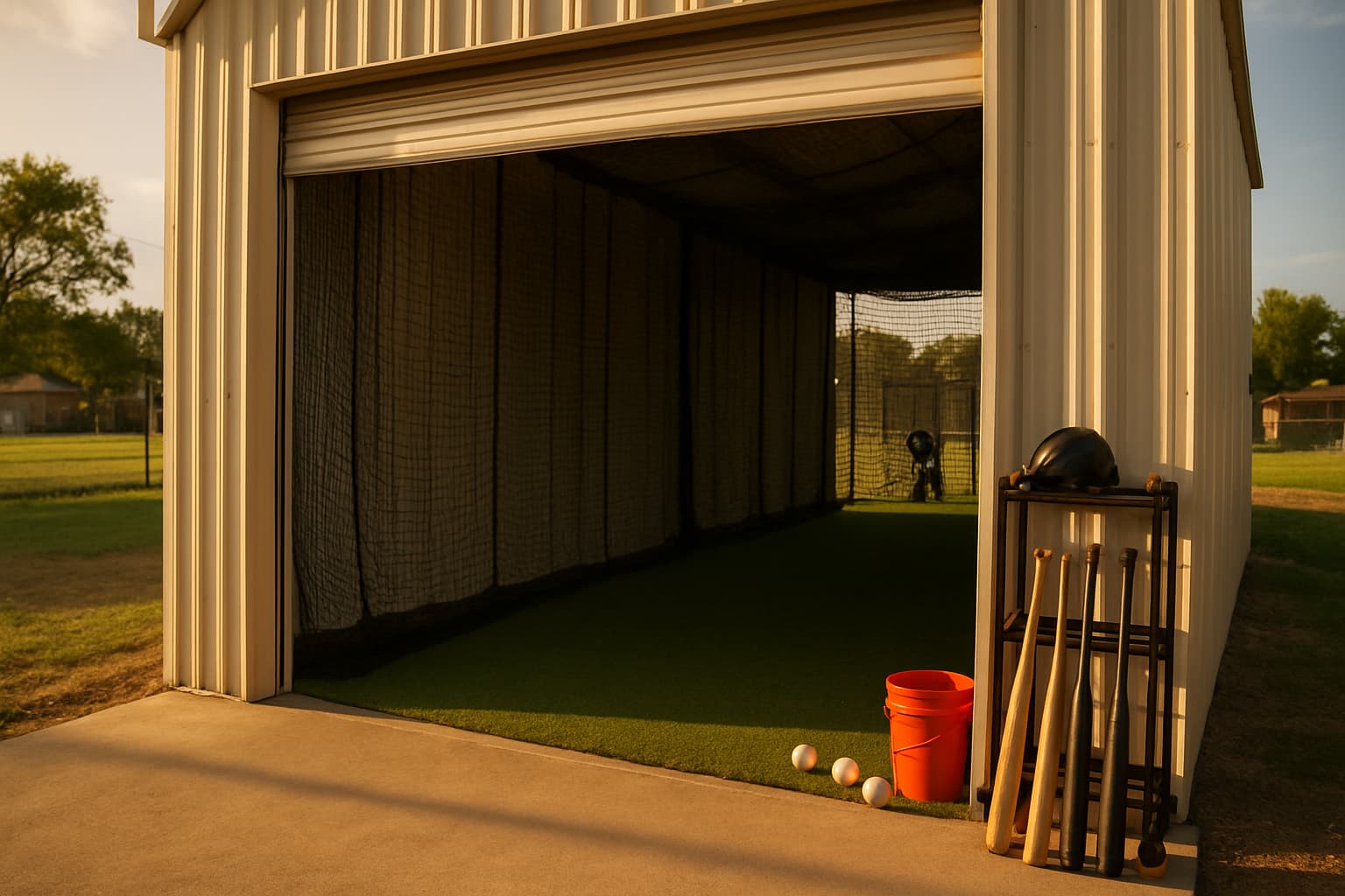 View of a batting cage entrance with organized equipment and natural light.