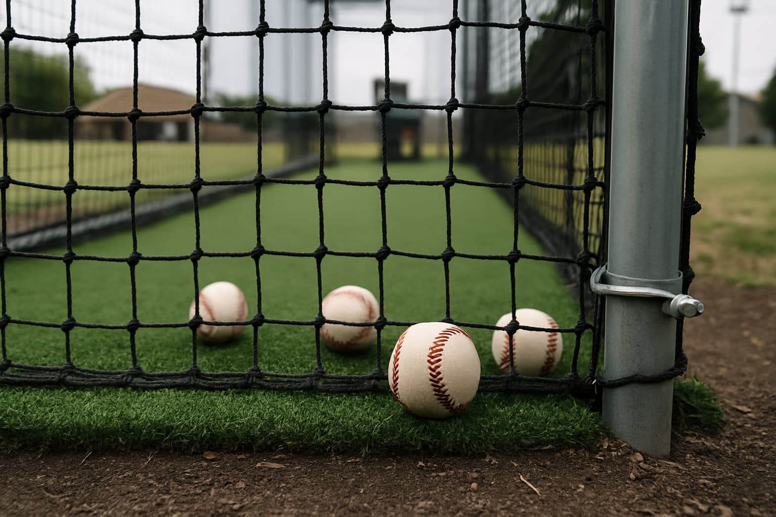 Close-up of baseballs against batting cage netting and turf.