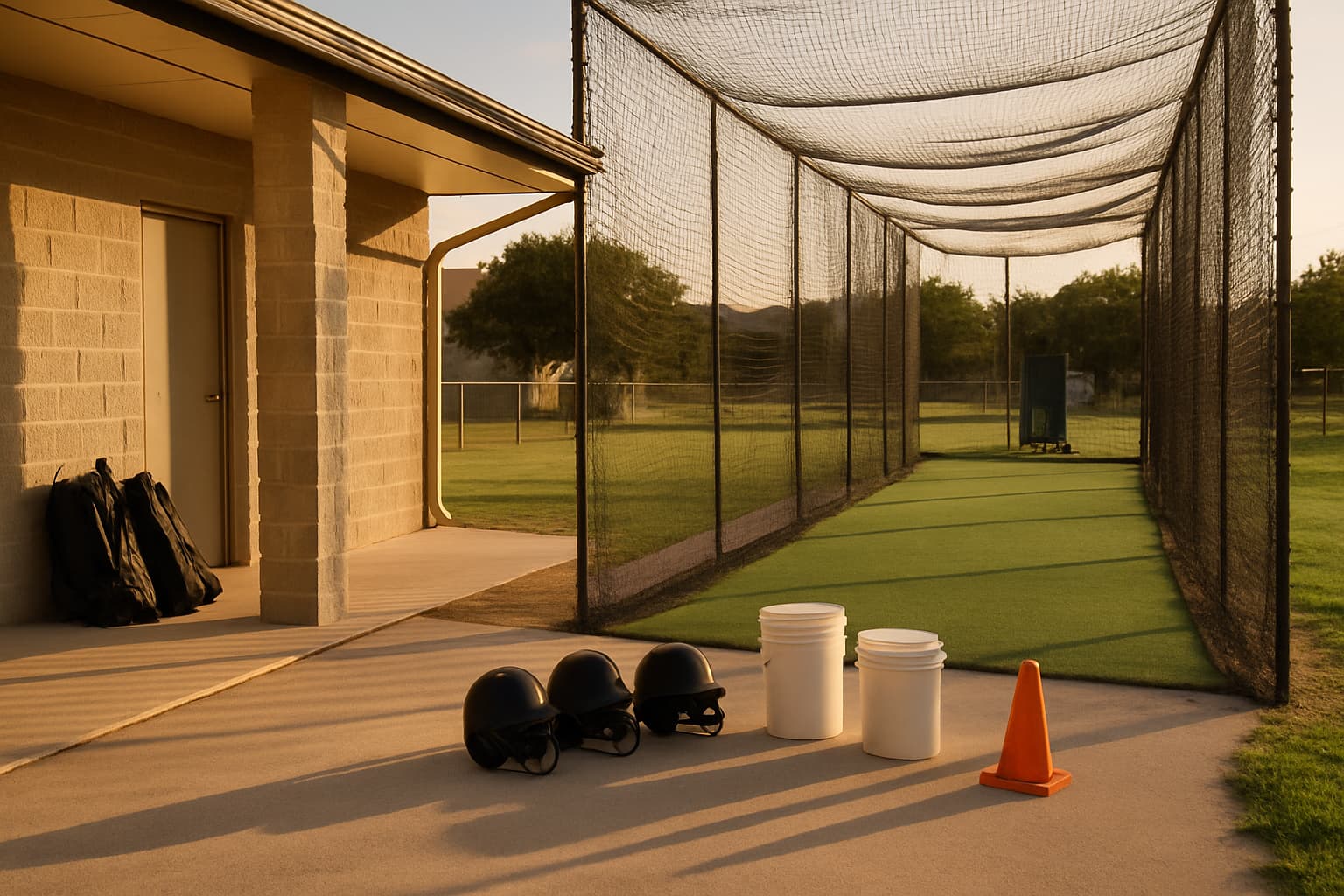 Staging area beside a batting cage with helmets, buckets, and cones in warm afternoon light.
