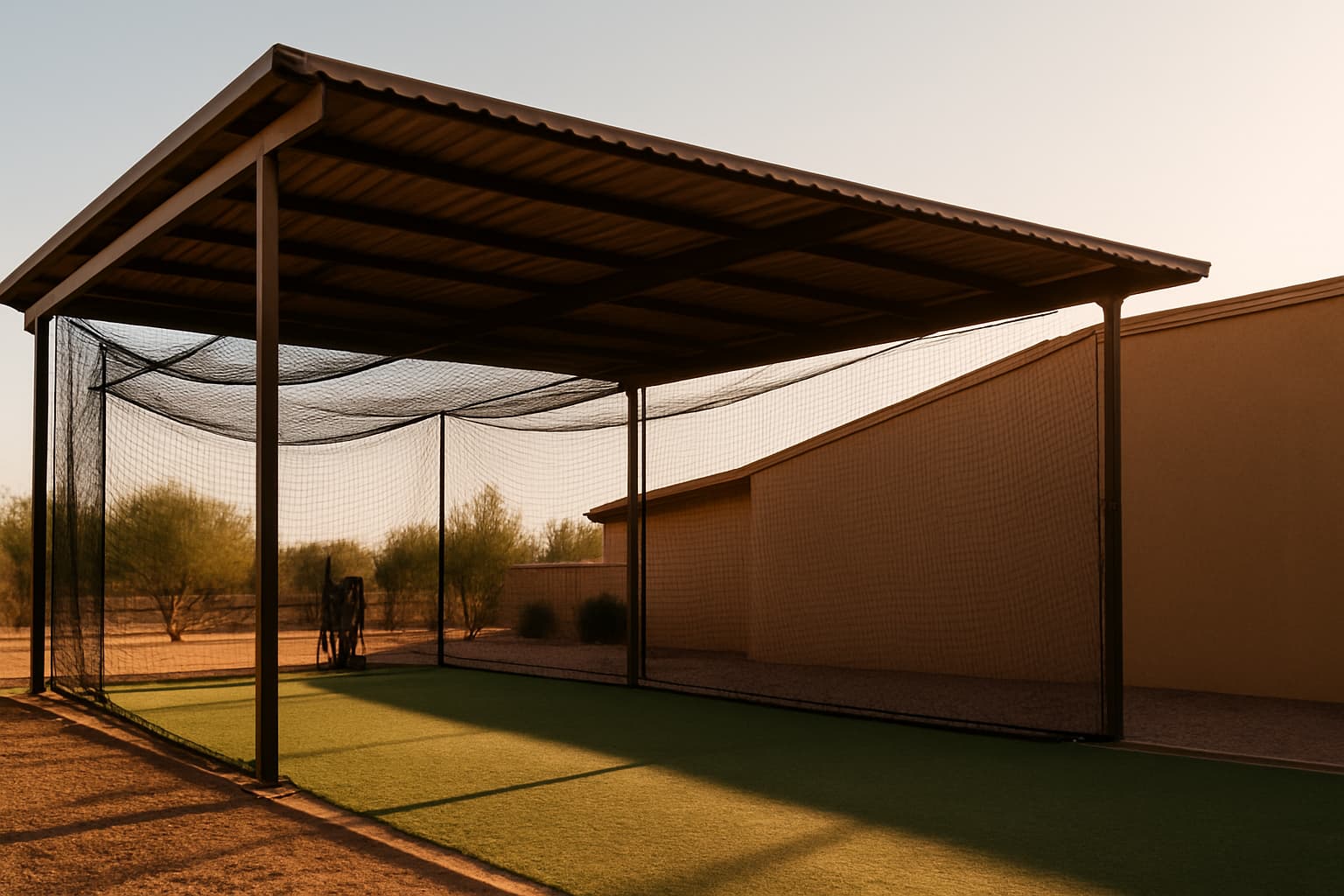 Covered batting cage with netting and turf under warm afternoon light.