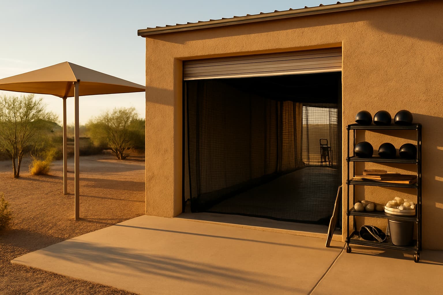Exterior view of a batting cage facility with organized equipment and warm lighting.