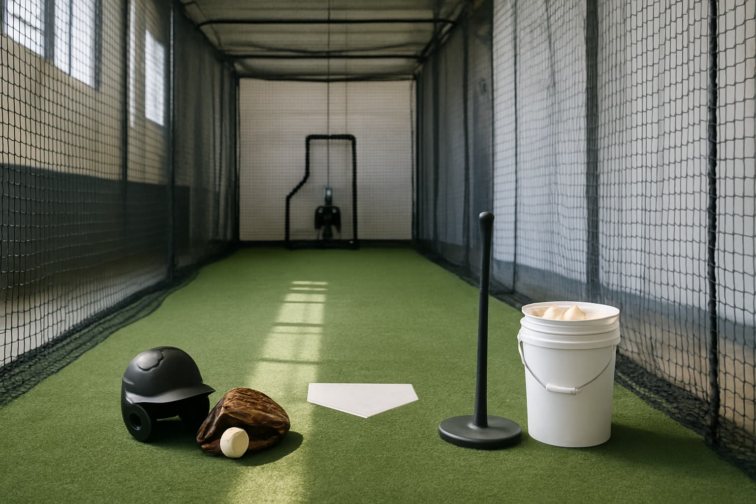 Indoor batting cage with turf, netting, helmet, glove, tee, and bucket of baseballs arranged safely.