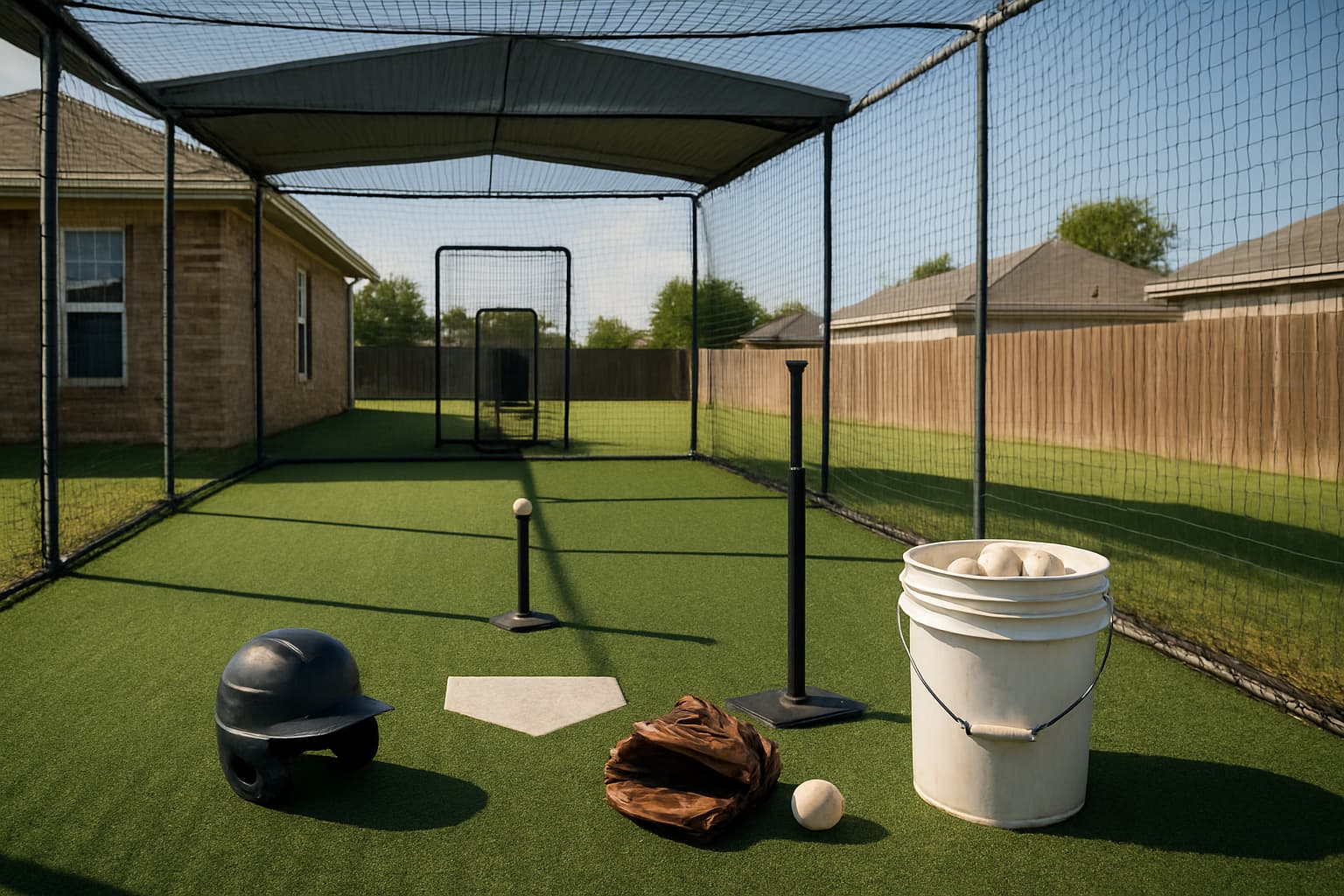 Batting cage with turf, netting, tee, helmet, glove, and bucket of baseballs arranged safely.