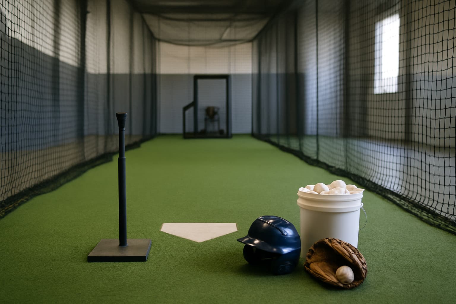 Indoor batting cage with a tee, helmet, glove, and bucket of baseballs arranged safely.