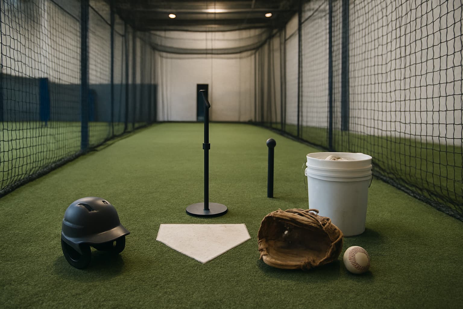 Indoor batting cage with turf, netting, helmet, glove, tee, and bucket of baseballs arranged safely.