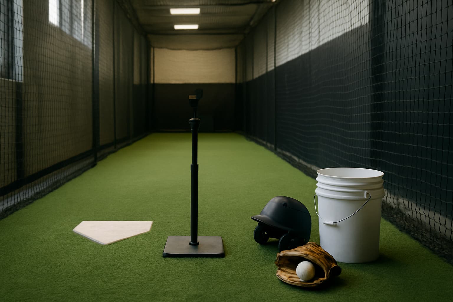 Indoor batting cage with a tee, helmet, glove, and bucket of baseballs arranged safely.