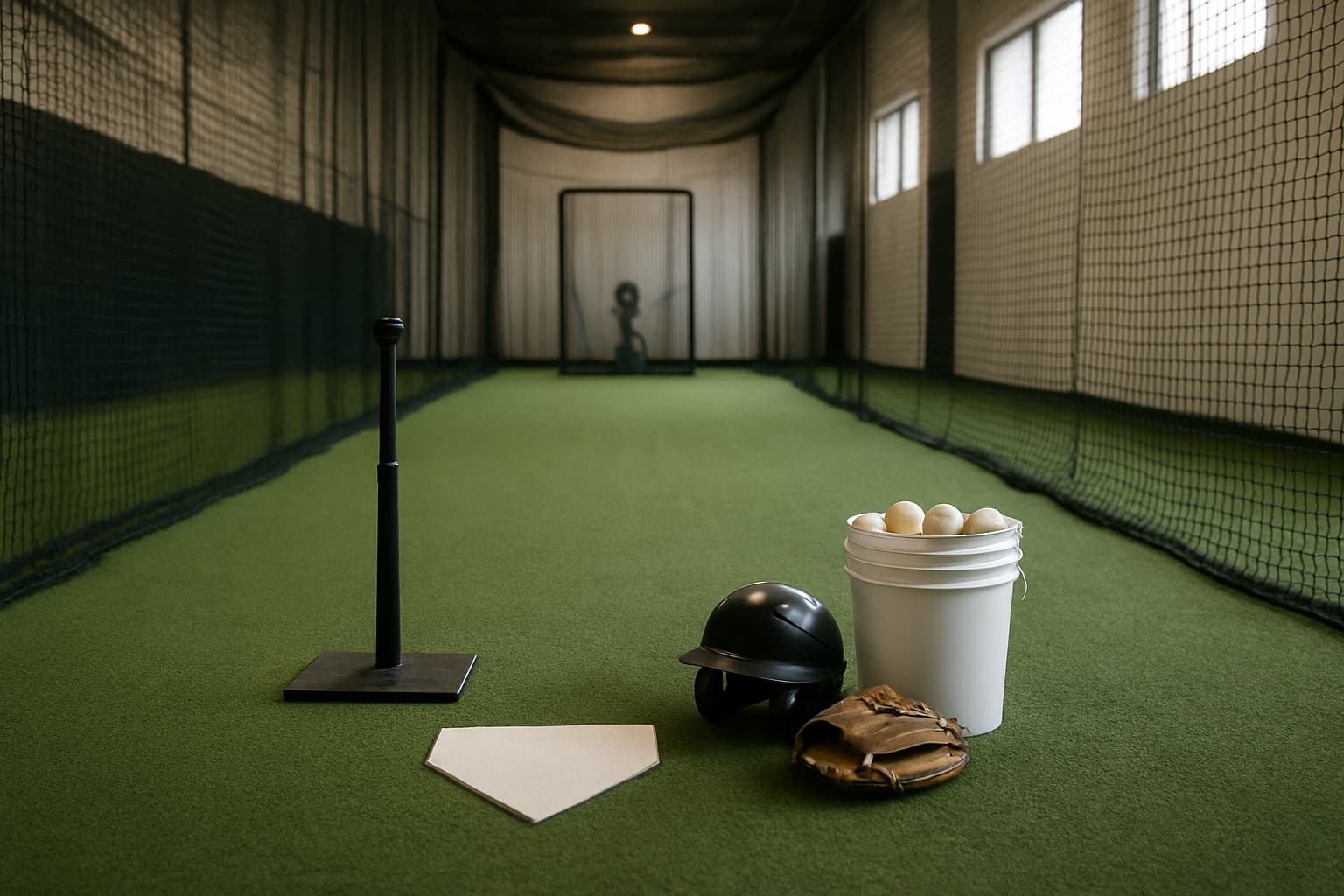 Indoor batting cage with a tee, helmet, glove, and bucket of baseballs arranged safely.
