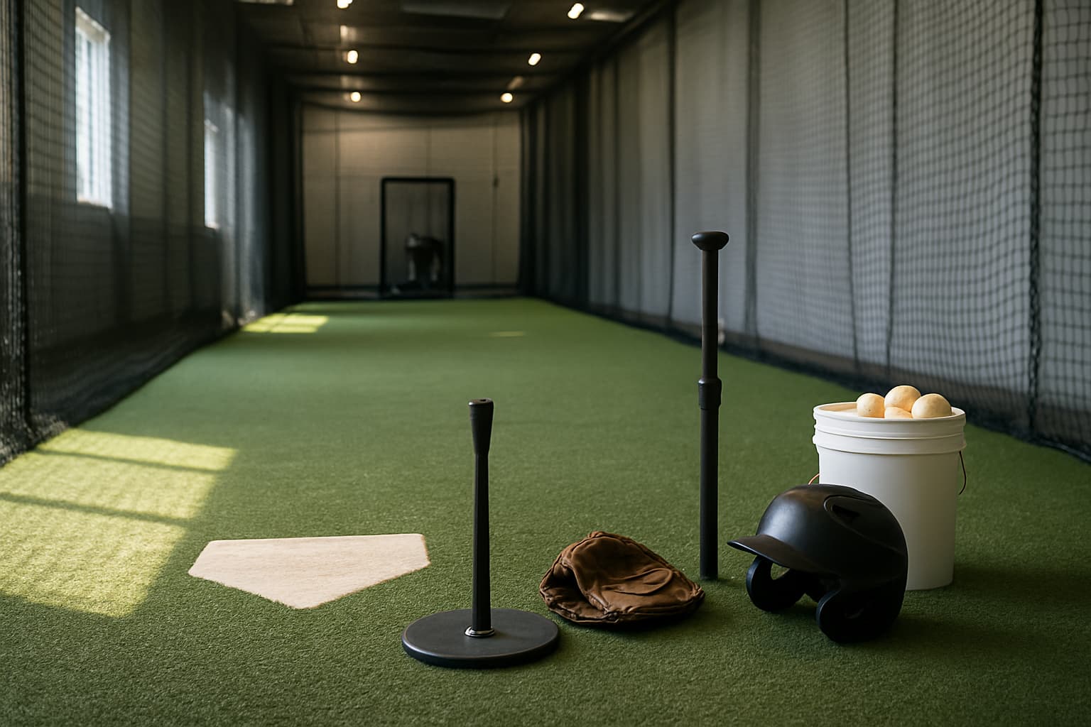 Indoor batting cage with turf, netting, tee, helmet, glove, and bucket of baseballs.