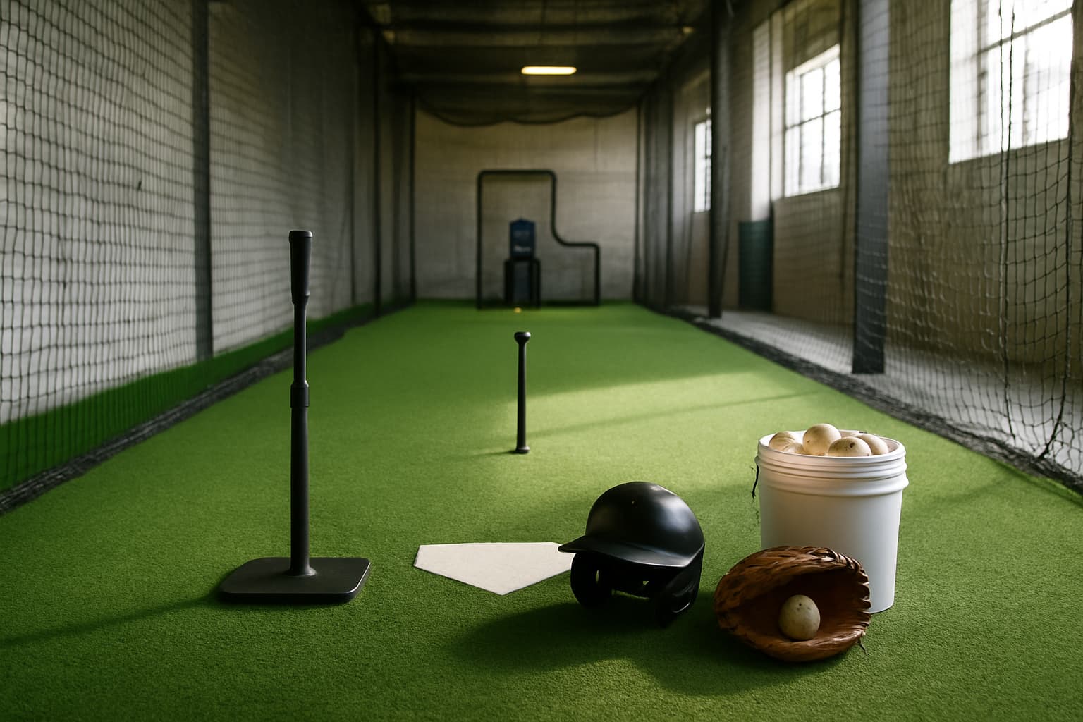Indoor batting cage with a tee, helmet, glove, and bucket of baseballs on turf.