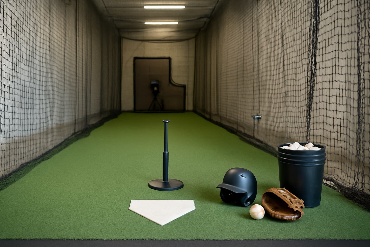 Indoor batting cage with turf, netting, tee, helmet, glove, and bucket of baseballs.