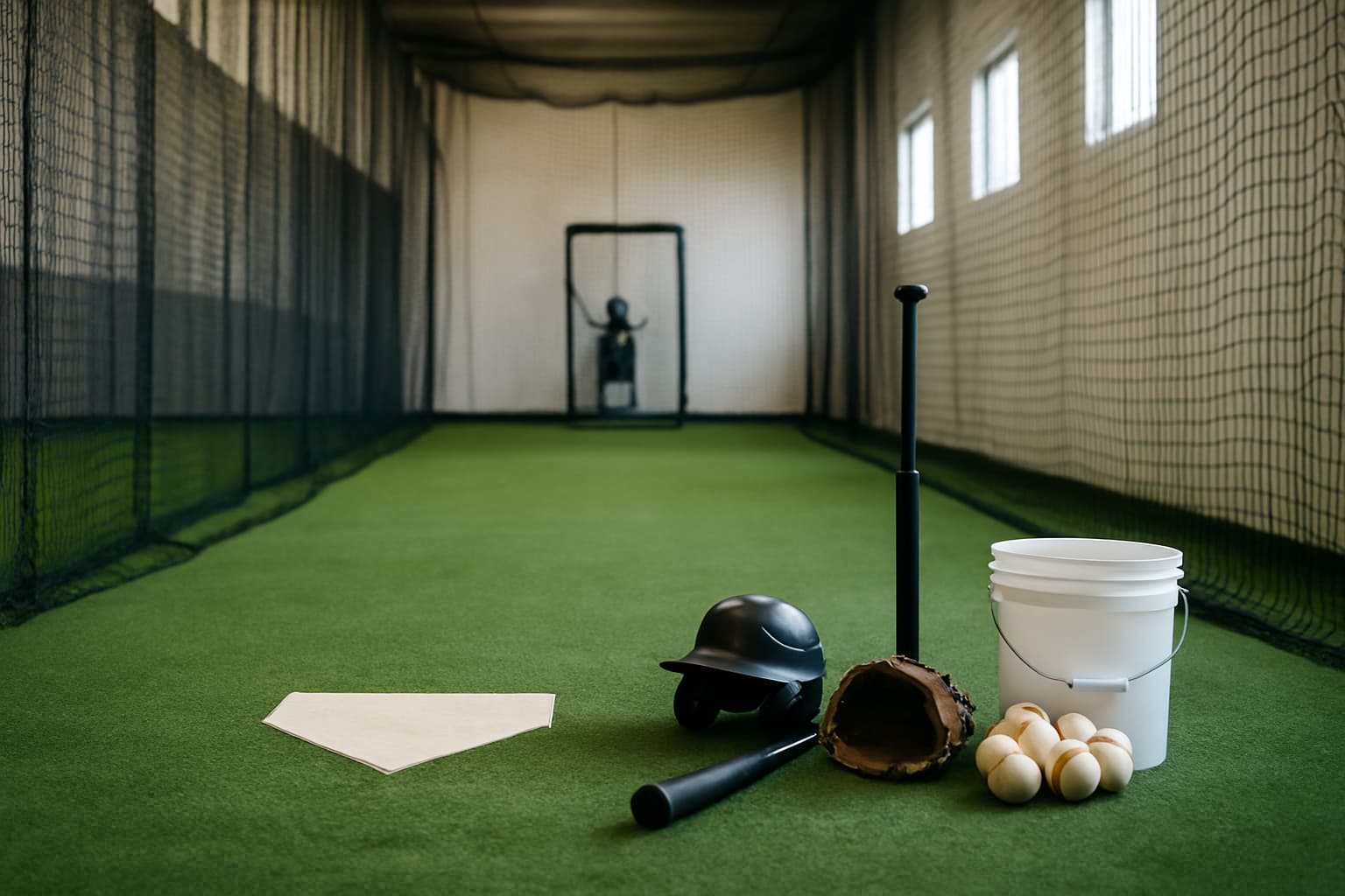 Indoor batting cage with turf, netting, home plate, helmet, bat, and bucket of baseballs.