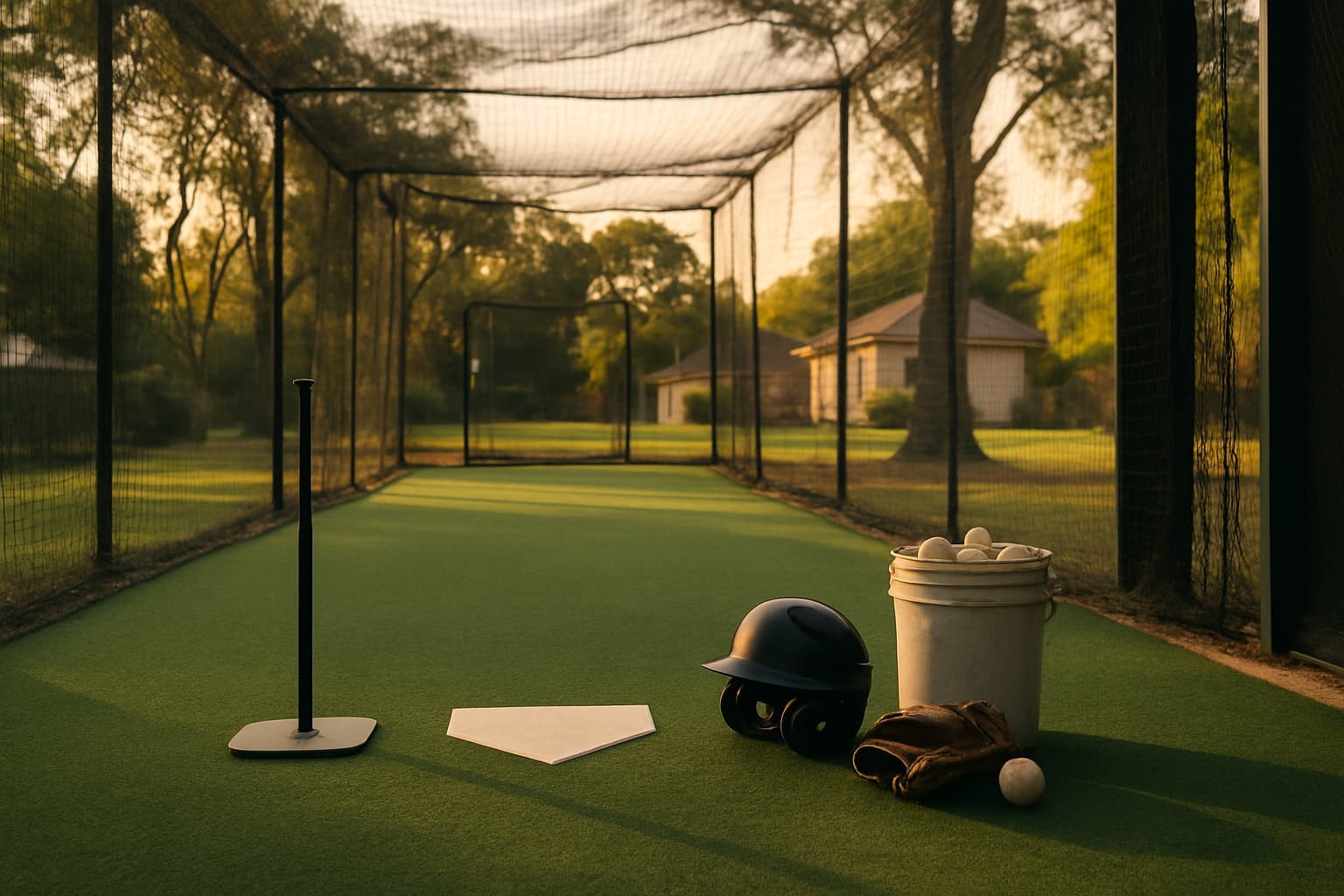 Batting cage scene with a tee, helmet, glove, and bucket of baseballs on turf.