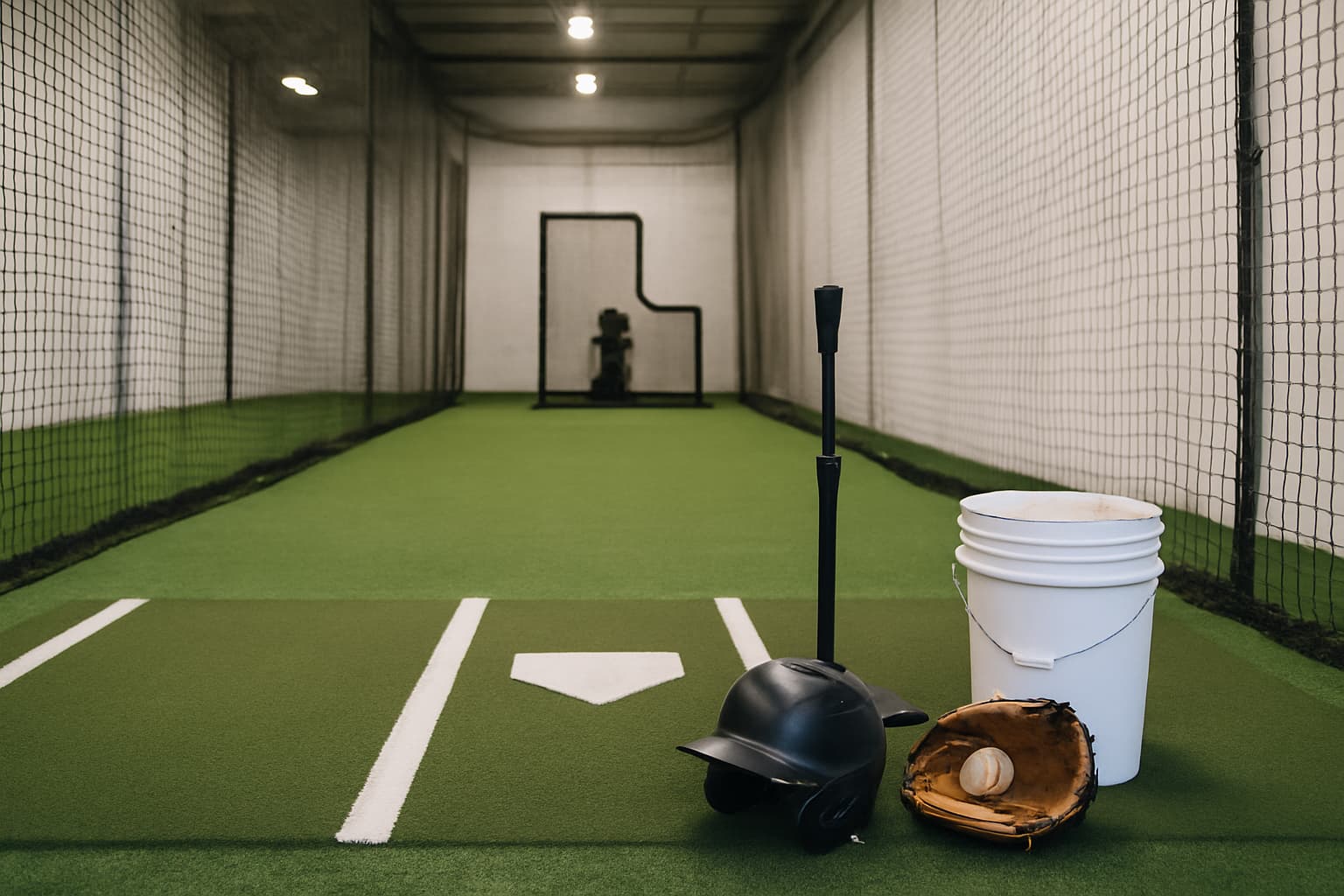 Indoor batting cage with turf, netting, helmet, glove, and bucket of baseballs arranged safely.