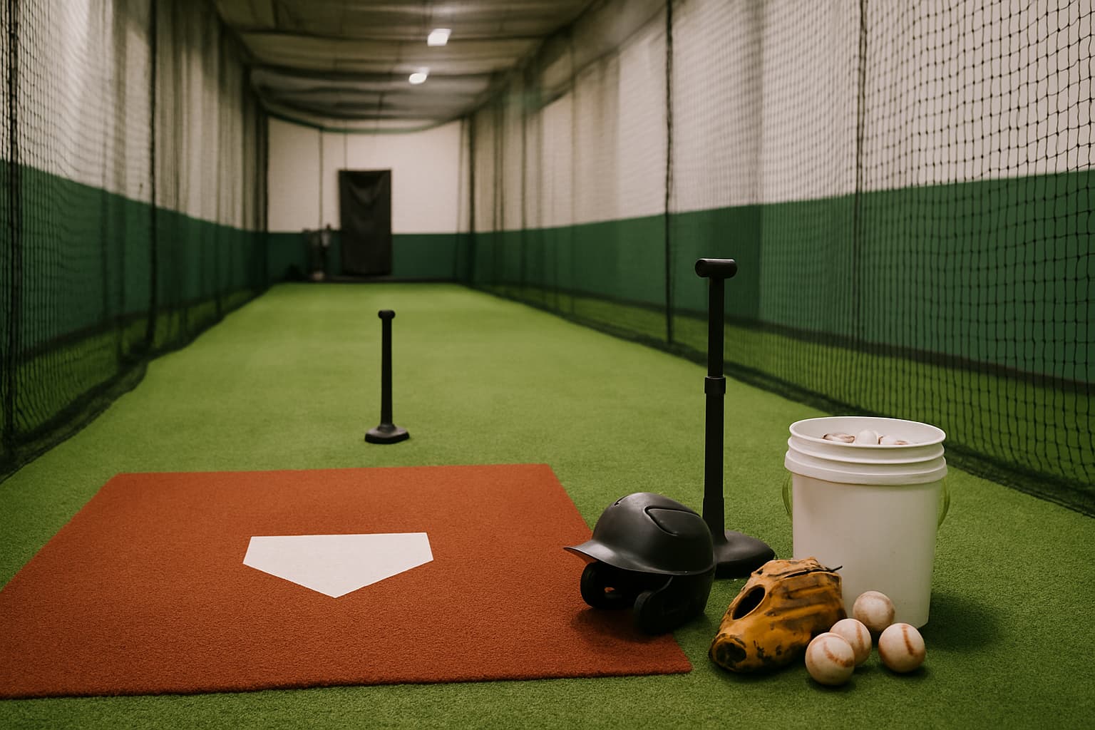 Indoor batting cage with turf, netting, tee, helmet, glove, and bucket of baseballs.