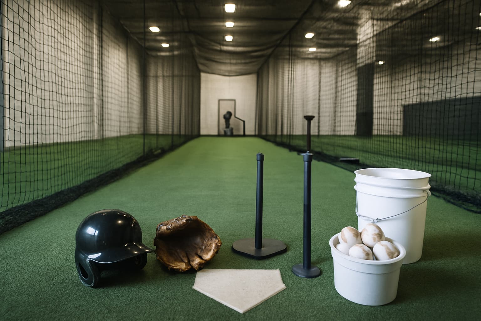 Indoor batting cage with turf, netting, helmet, glove, and buckets of baseballs arranged safely.