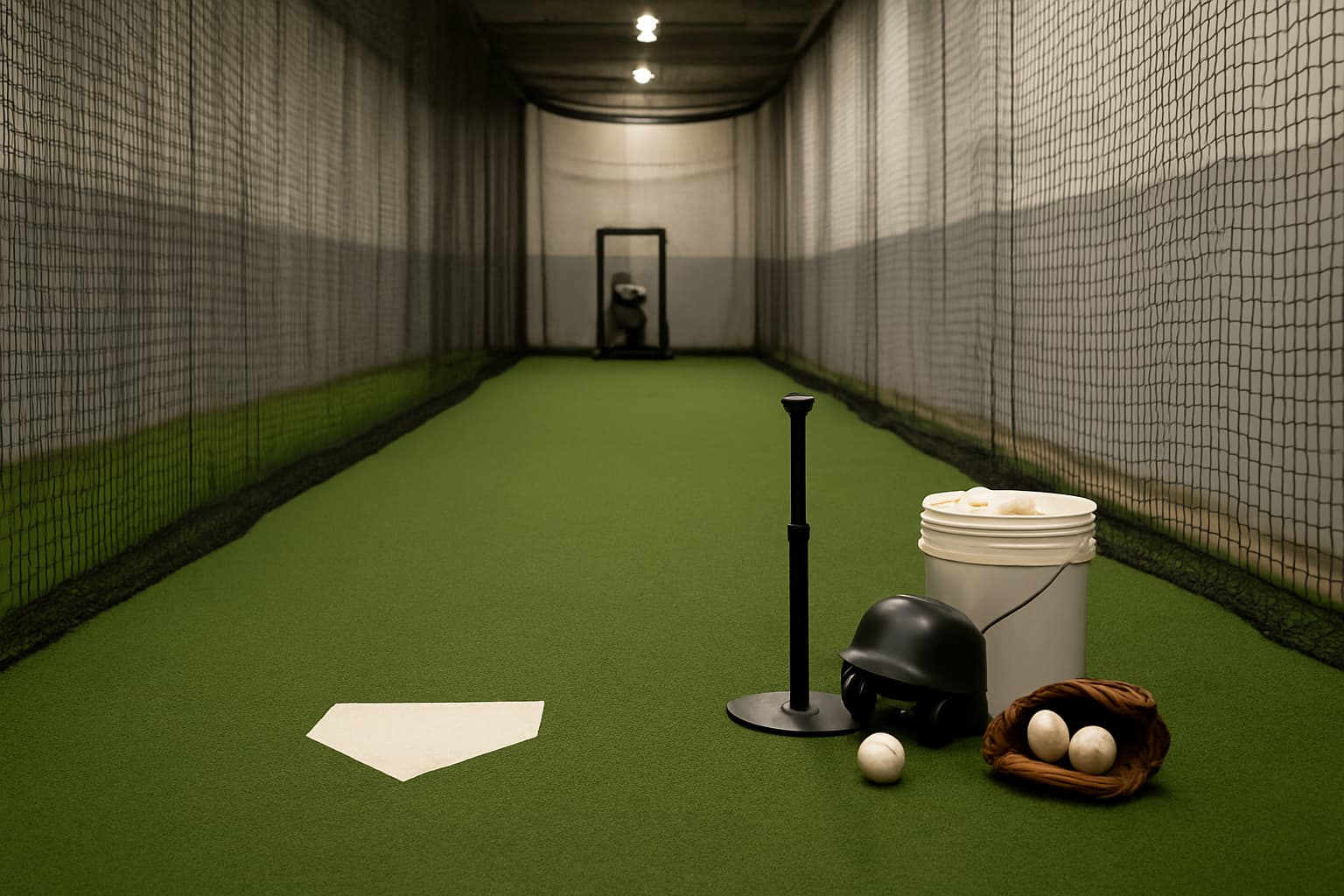 Indoor batting cage with turf, netting, tee, helmet, glove, and bucket of baseballs arranged safely.