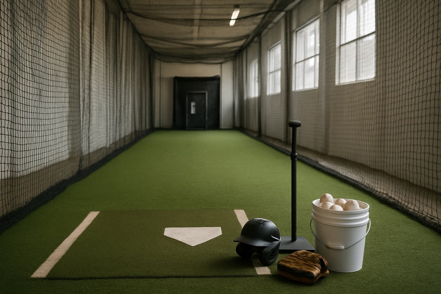Indoor batting cage with turf, netting, a tee, helmet, glove, and bucket of baseballs.