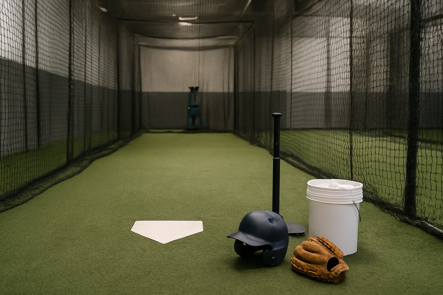 Indoor batting cage with turf, netting, tee, helmet, glove, and bucket of baseballs.