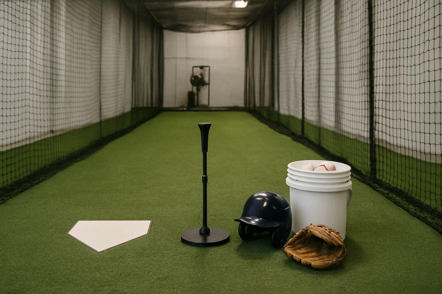Indoor batting cage with turf, netting, tee, helmet, glove, and bucket of baseballs.