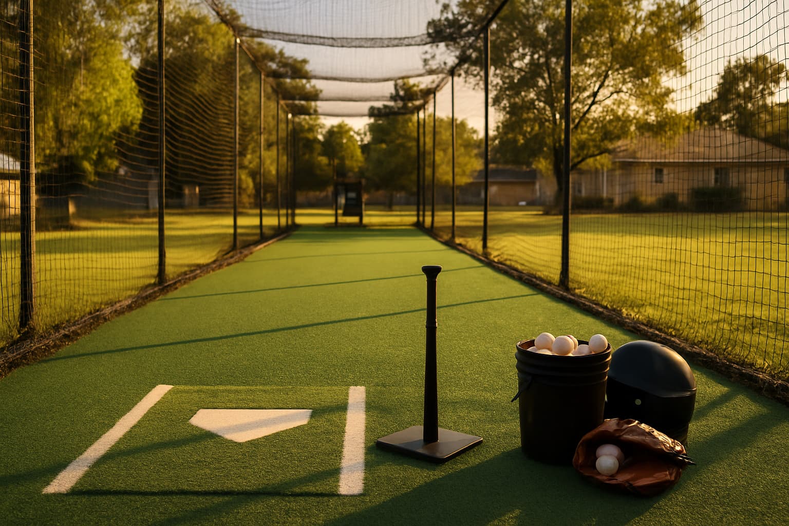 Empty batting cage with turf, netting, a tee, helmet, glove, and bucket of baseballs.