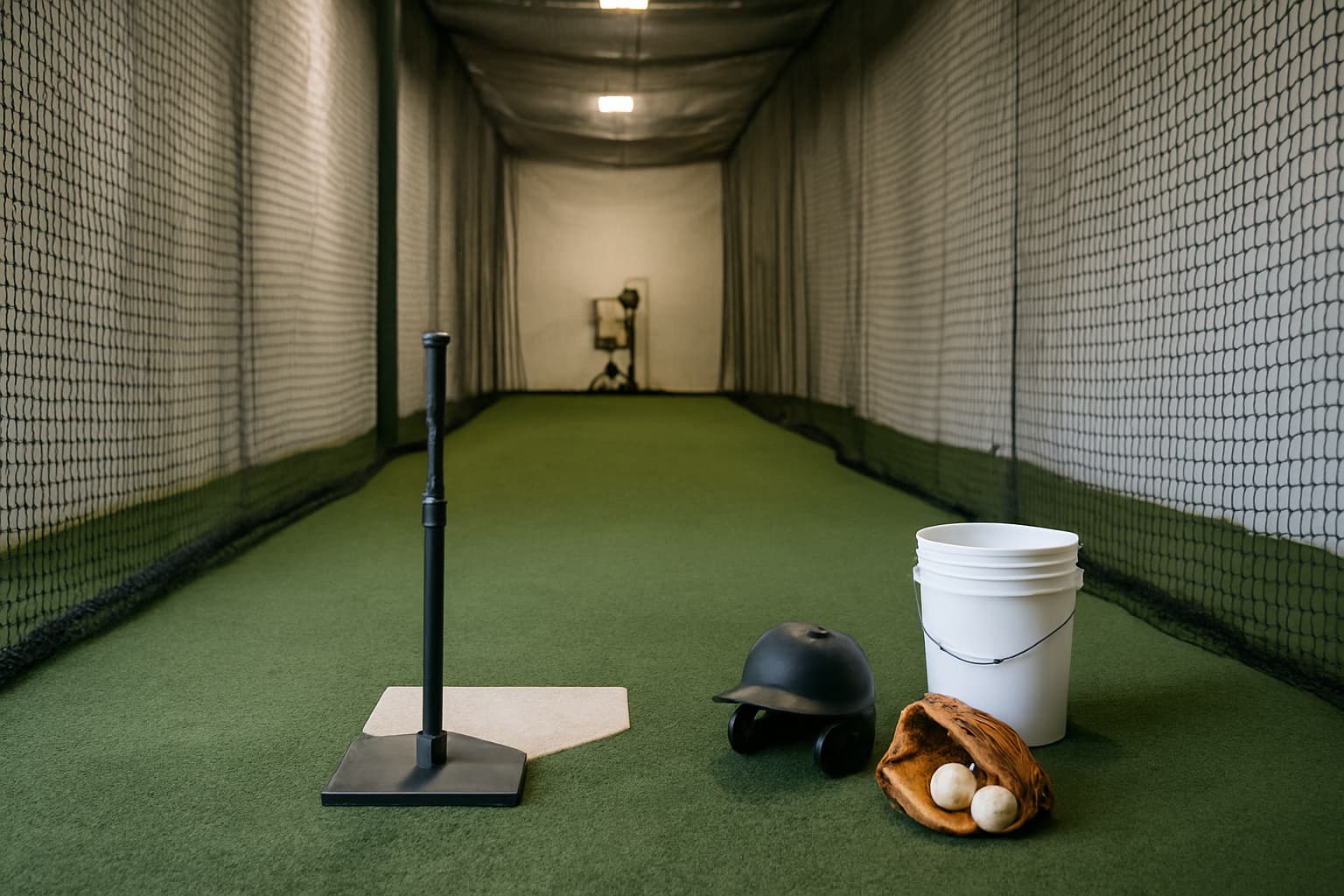 Indoor batting cage with a tee, helmet, glove, and bucket of baseballs arranged safely.