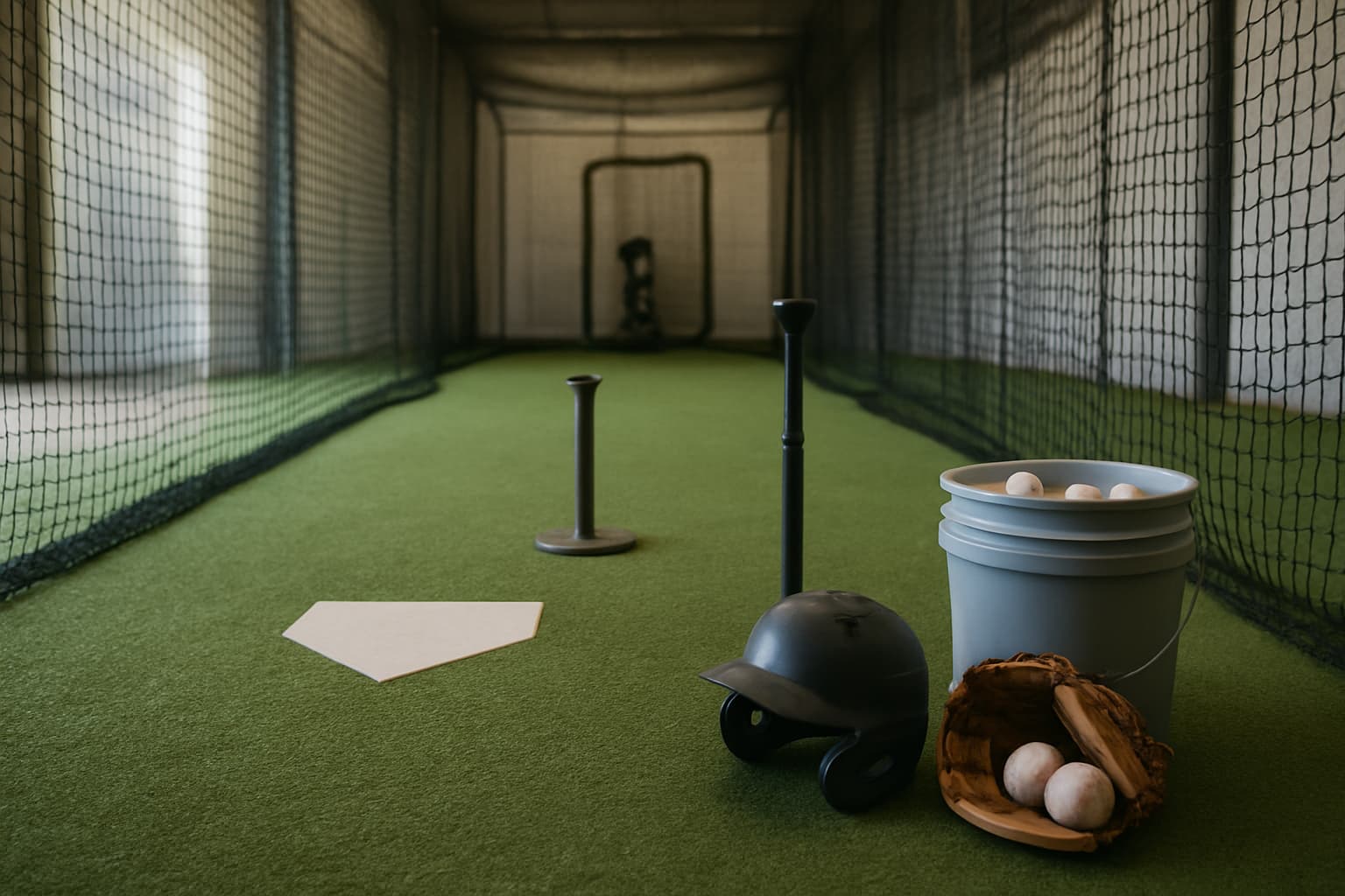 Indoor batting cage with turf, netting, tee, helmet, glove, and bucket of baseballs.