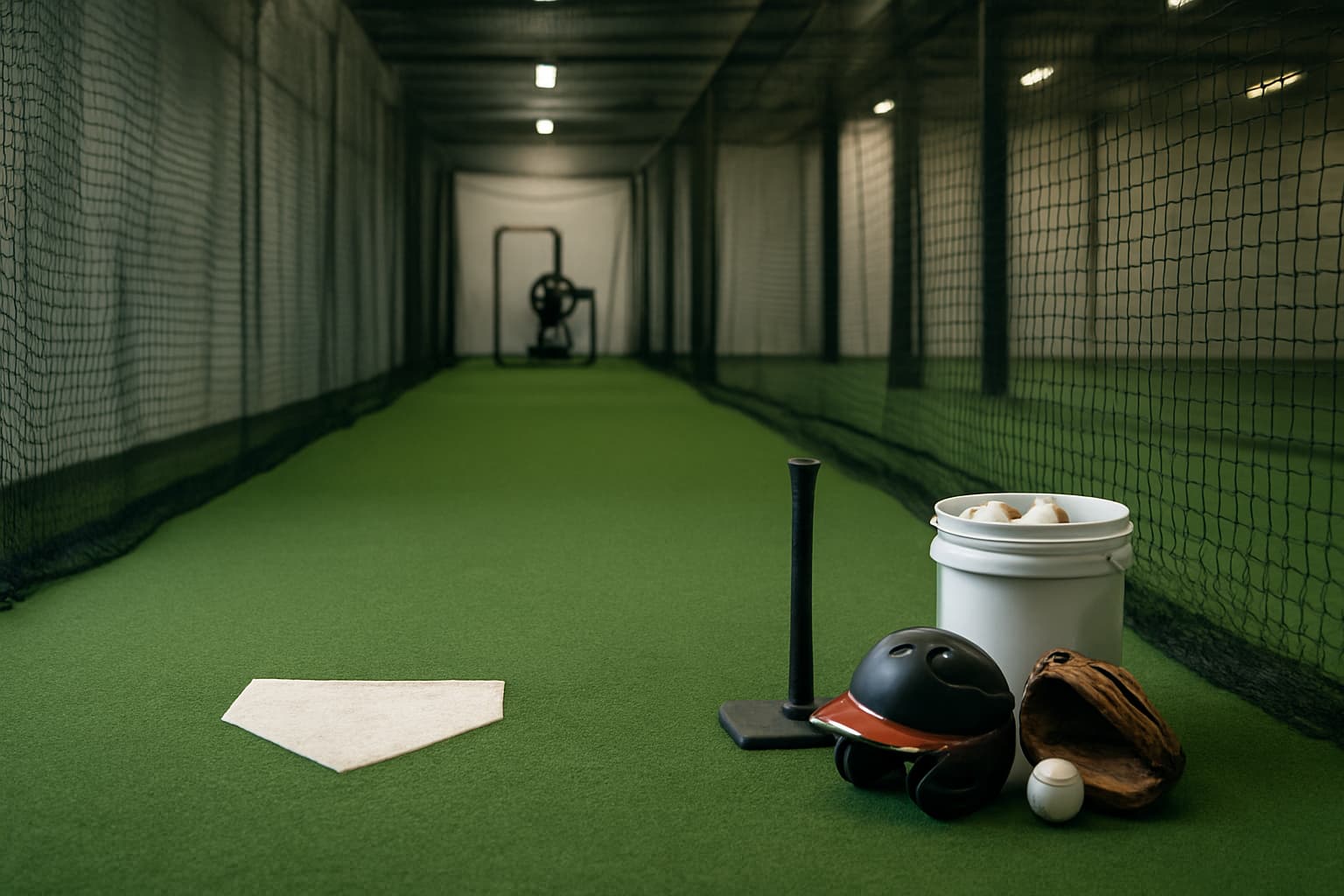 Indoor batting cage with turf, netting, home plate, tee, helmet, glove, and bucket of baseballs.