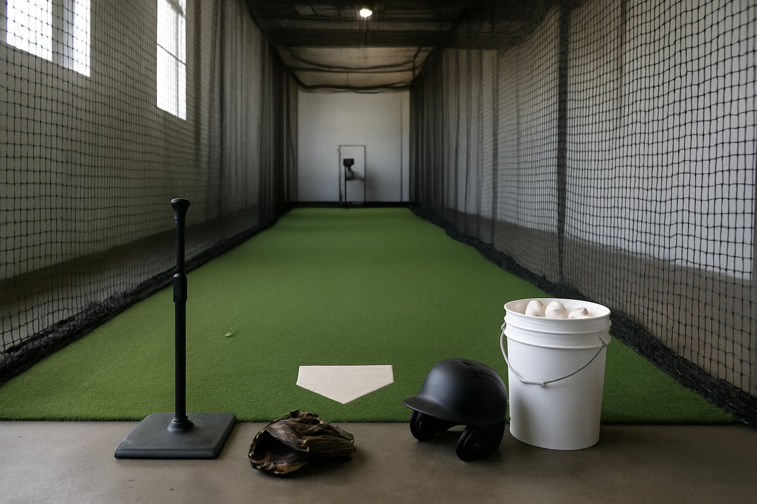 Indoor batting cage with turf, netting, tee, helmet, glove, and bucket of baseballs.