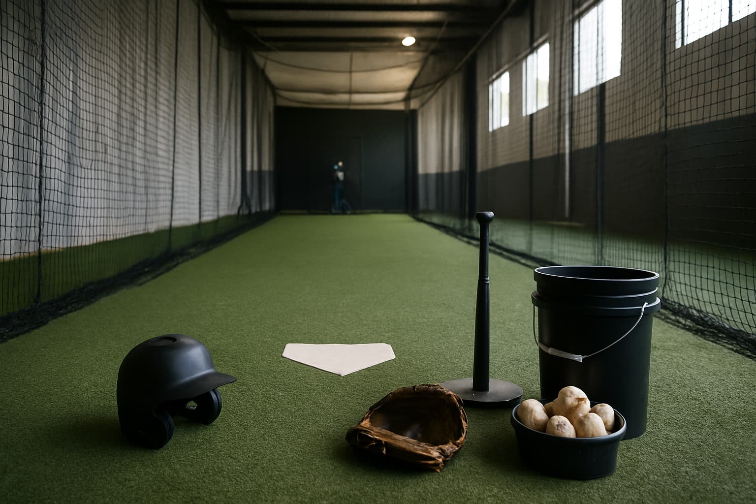 Indoor batting cage with turf, netting, helmet, glove, tee, and bucket of baseballs.