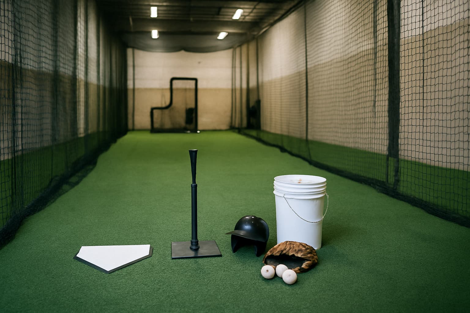 Indoor batting cage with turf, netting, tee, helmet, glove, and bucket of baseballs arranged safely.