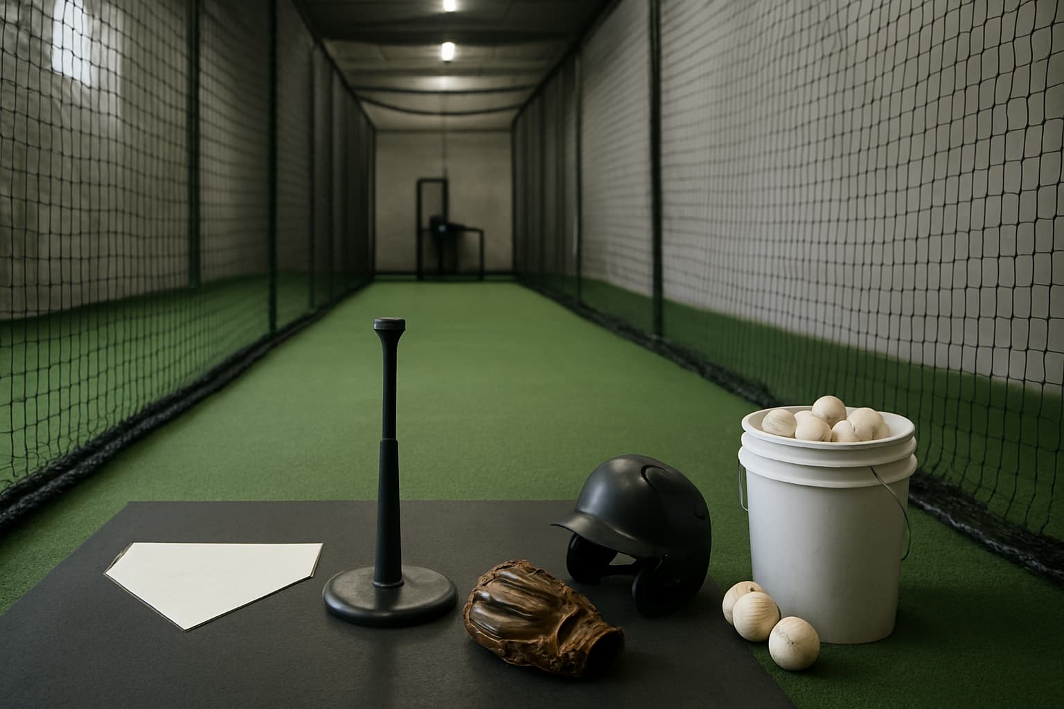 Indoor batting cage with a tee, helmet, glove, and bucket of baseballs arranged safely.