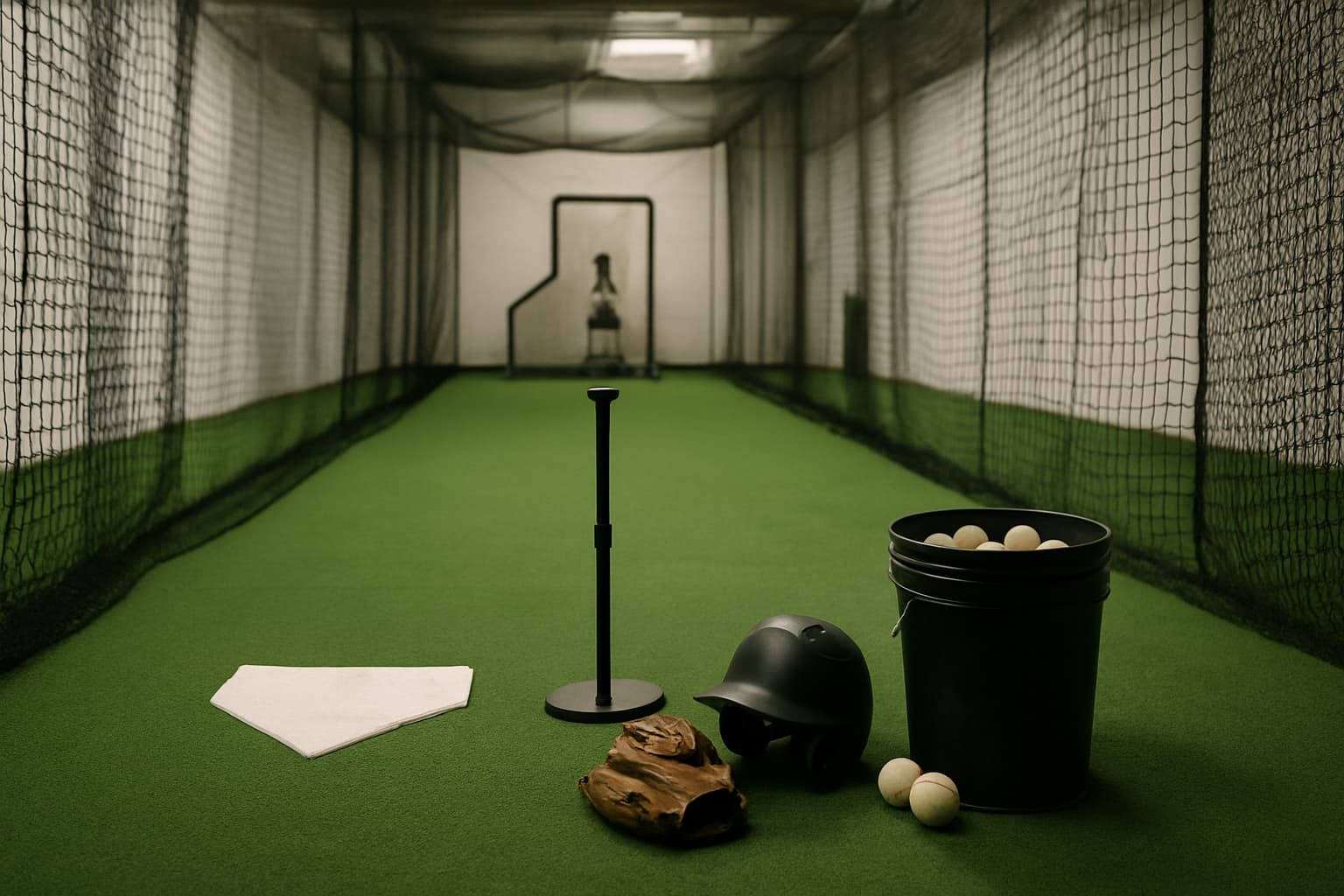 Indoor batting cage with turf, netting, tee, helmet, glove, and bucket of baseballs arranged safely.