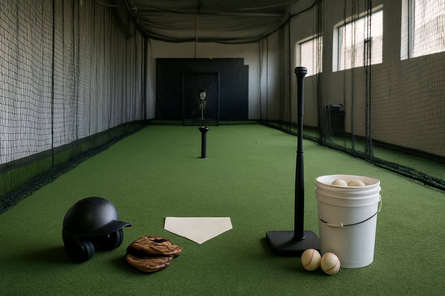 Indoor batting cage with turf, netting, a tee, helmet, glove, and bucket of baseballs.