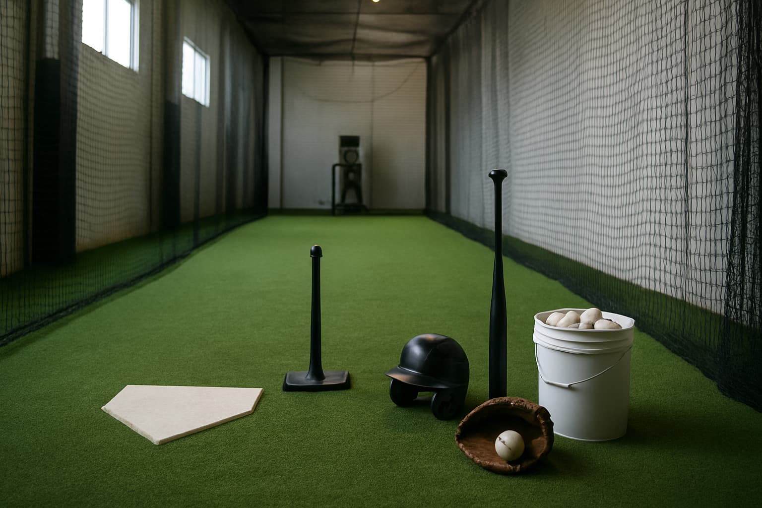 Indoor batting cage with turf, netting, tee, helmet, glove, and bucket of baseballs arranged safely.