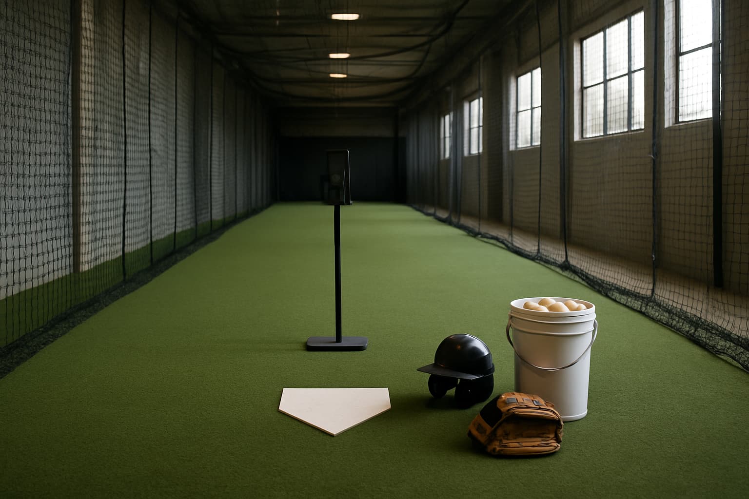 Indoor batting cage with turf, netting, a tee, helmet, glove, and bucket of baseballs.