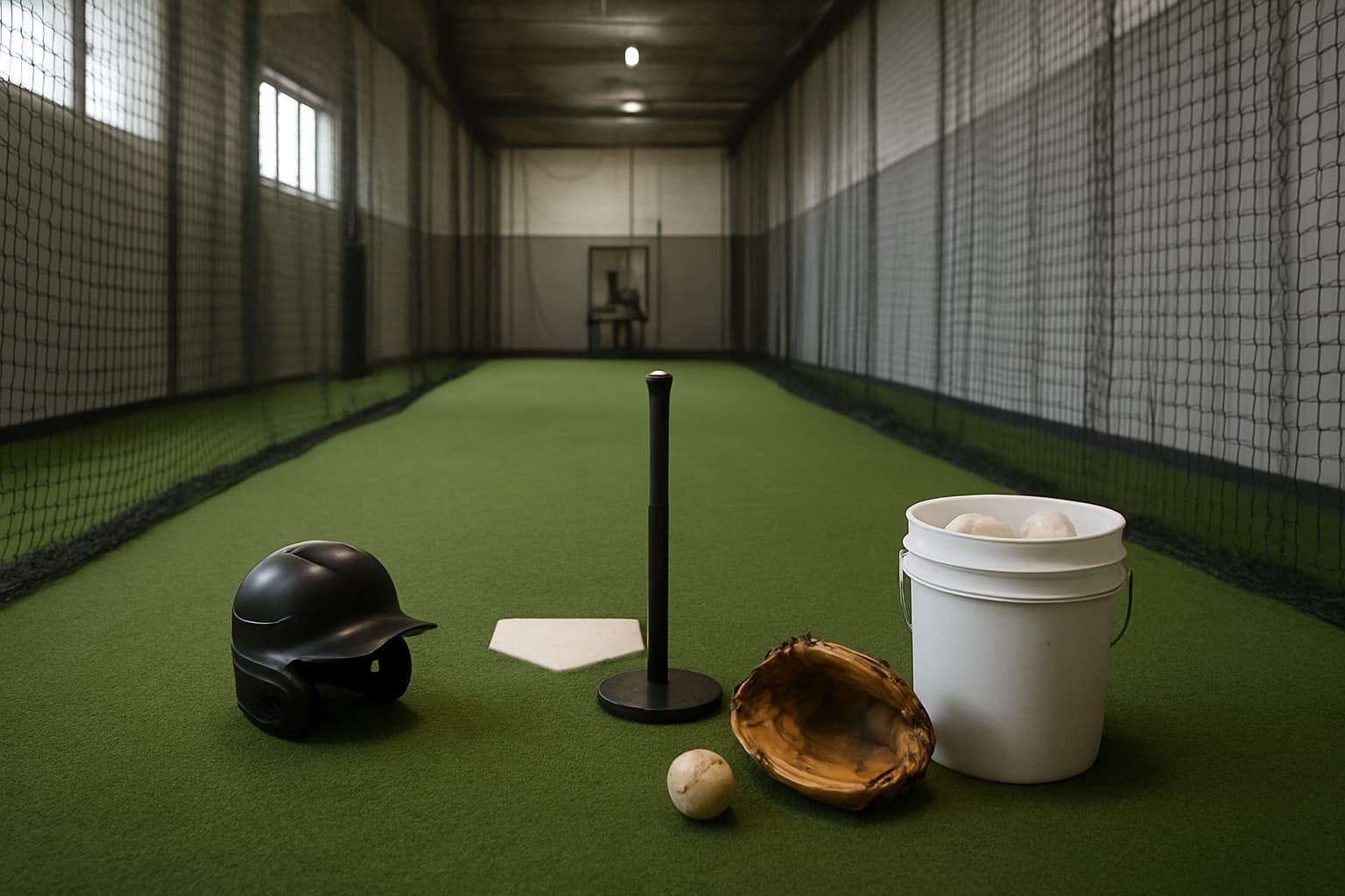 Indoor batting cage with a tee, helmet, glove, and bucket of baseballs arranged safely.