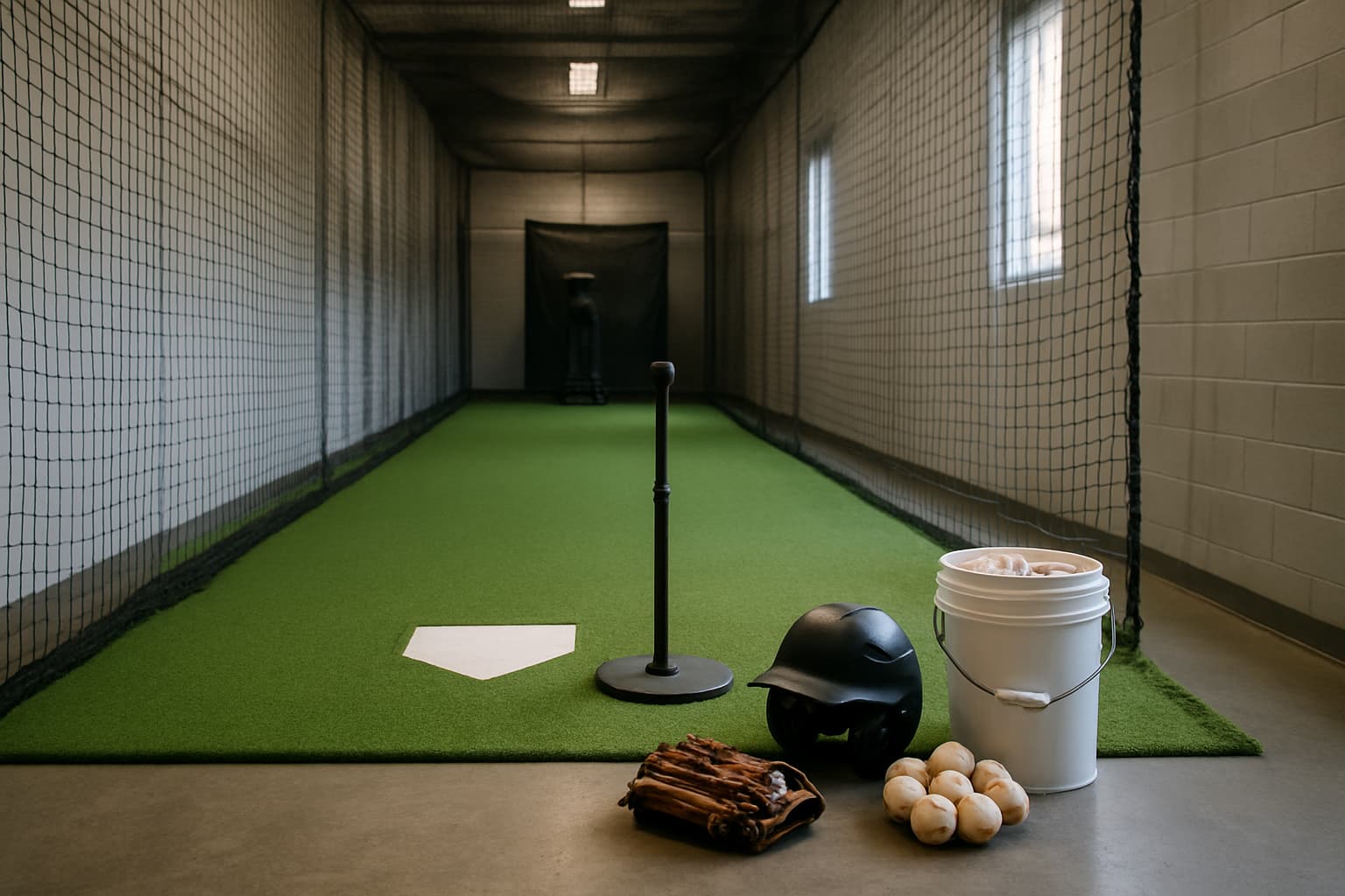 Indoor batting cage with turf, netting, tee, helmet, glove, and bucket of baseballs arranged safely.