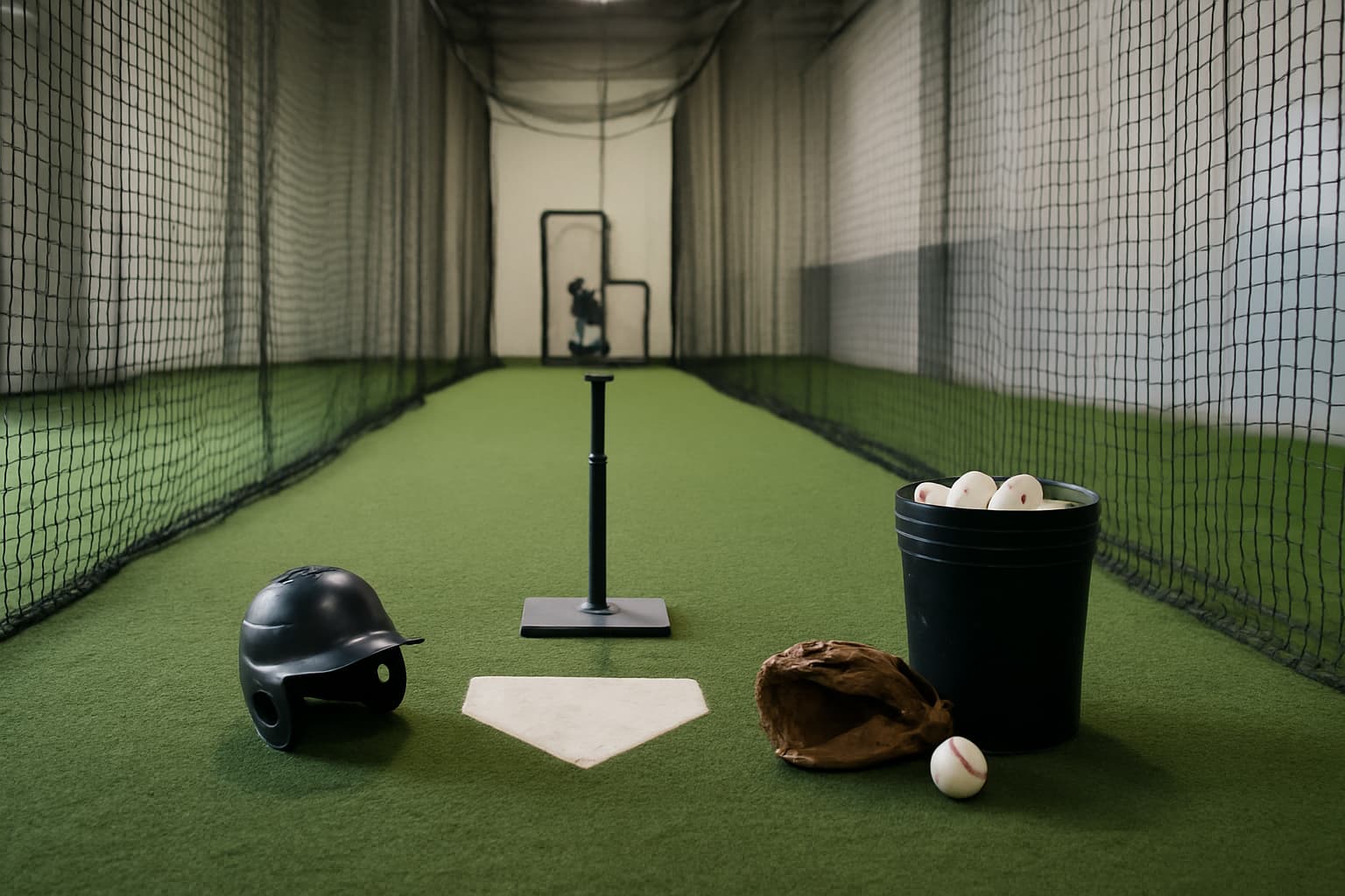 Indoor batting cage with a tee, helmet, glove, and bucket of baseballs arranged safely.