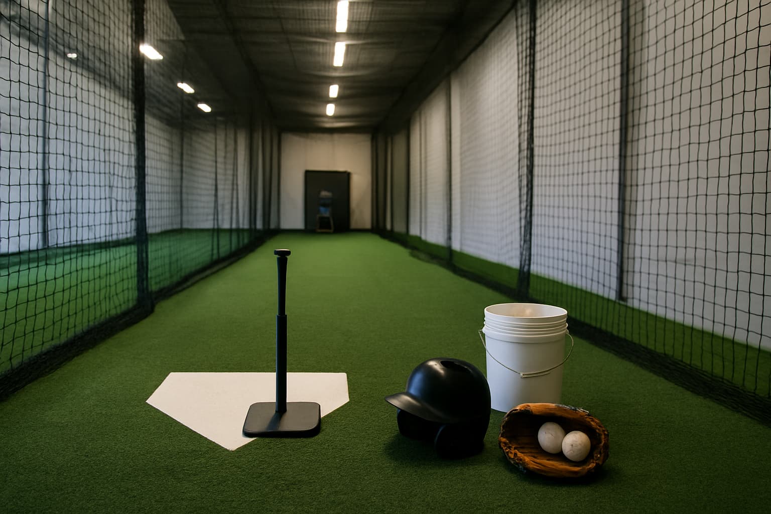 Indoor batting cage with a tee, helmet, glove, and bucket of baseballs arranged safely.