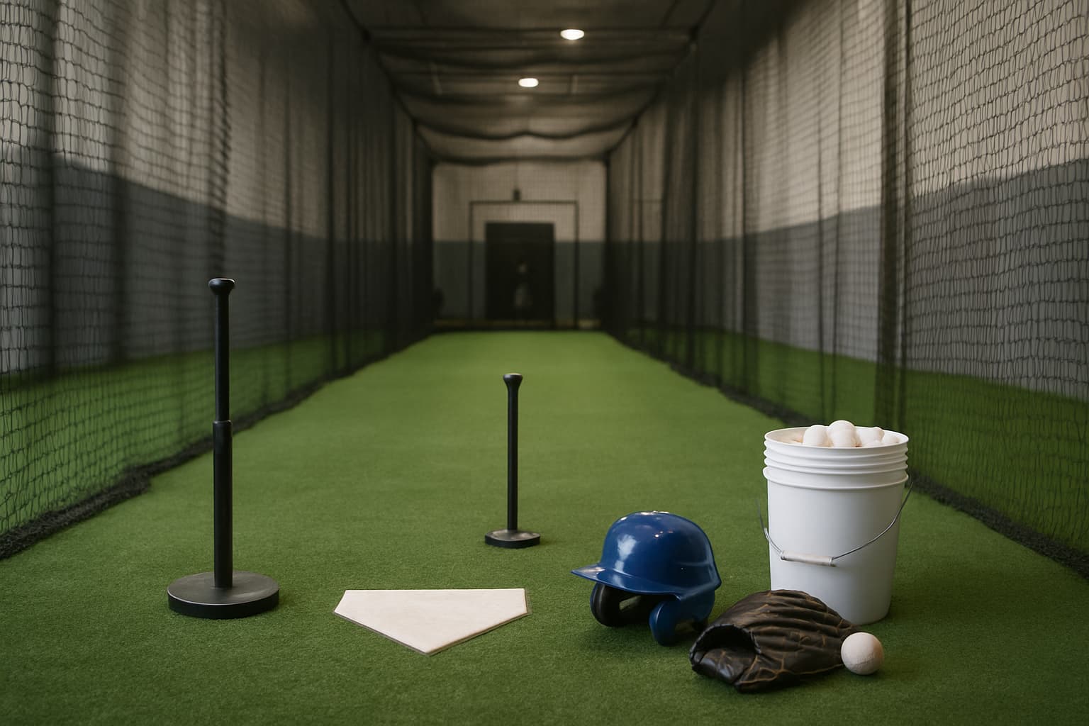 Indoor batting cage with turf, netting, tee, helmet, glove, and bucket of baseballs.