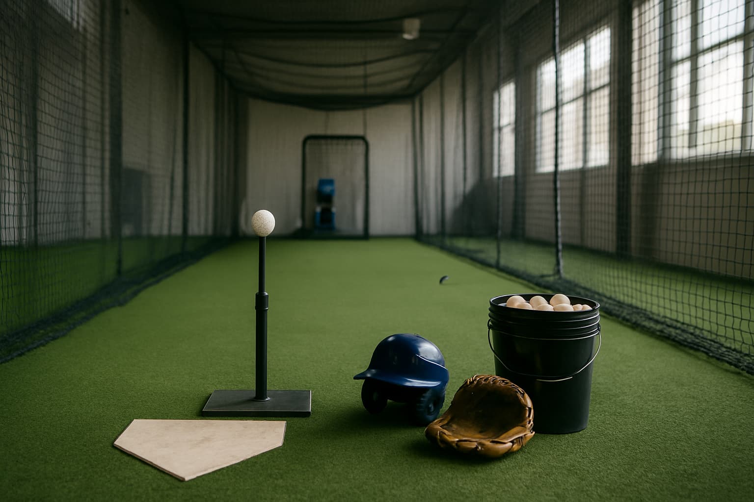 Indoor batting cage with a tee, helmet, glove, and bucket of baseballs arranged safely.