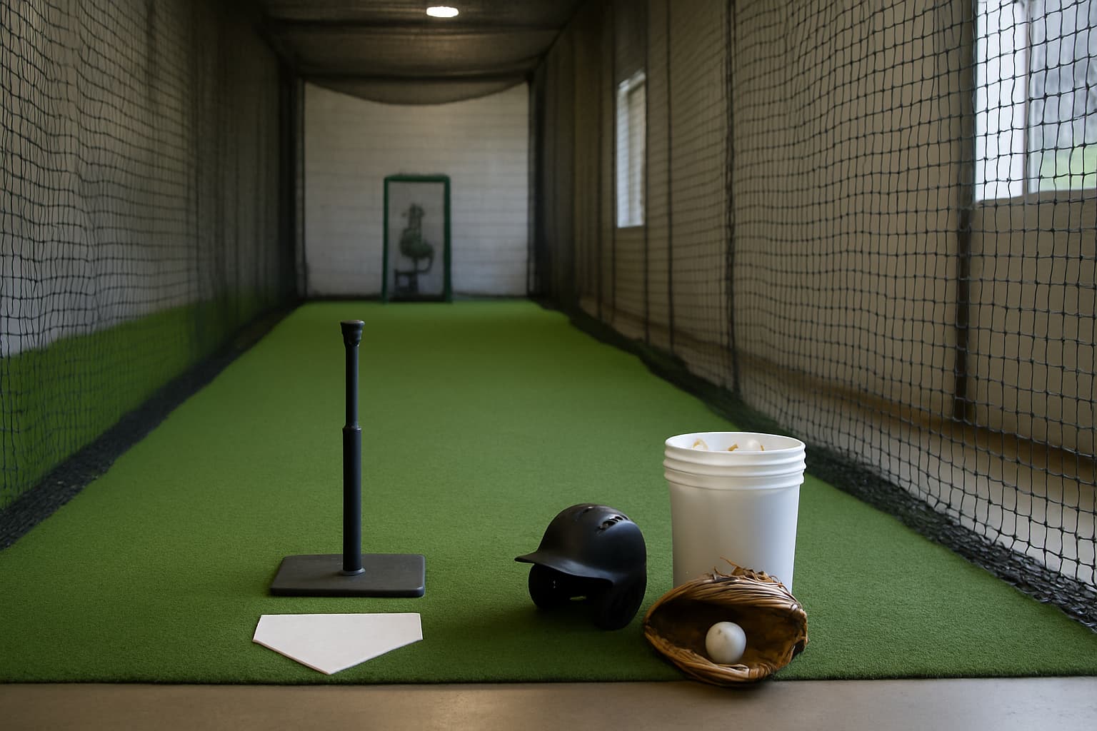 Indoor batting cage with a tee, helmet, glove, and bucket of baseballs arranged safely.