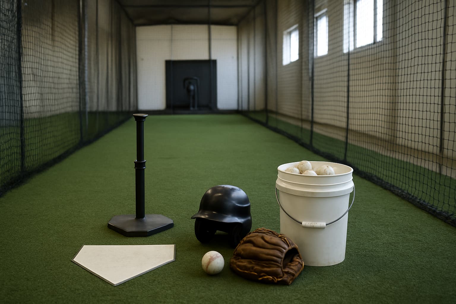 Indoor batting cage with a tee, helmet, glove, and bucket of baseballs arranged safely.