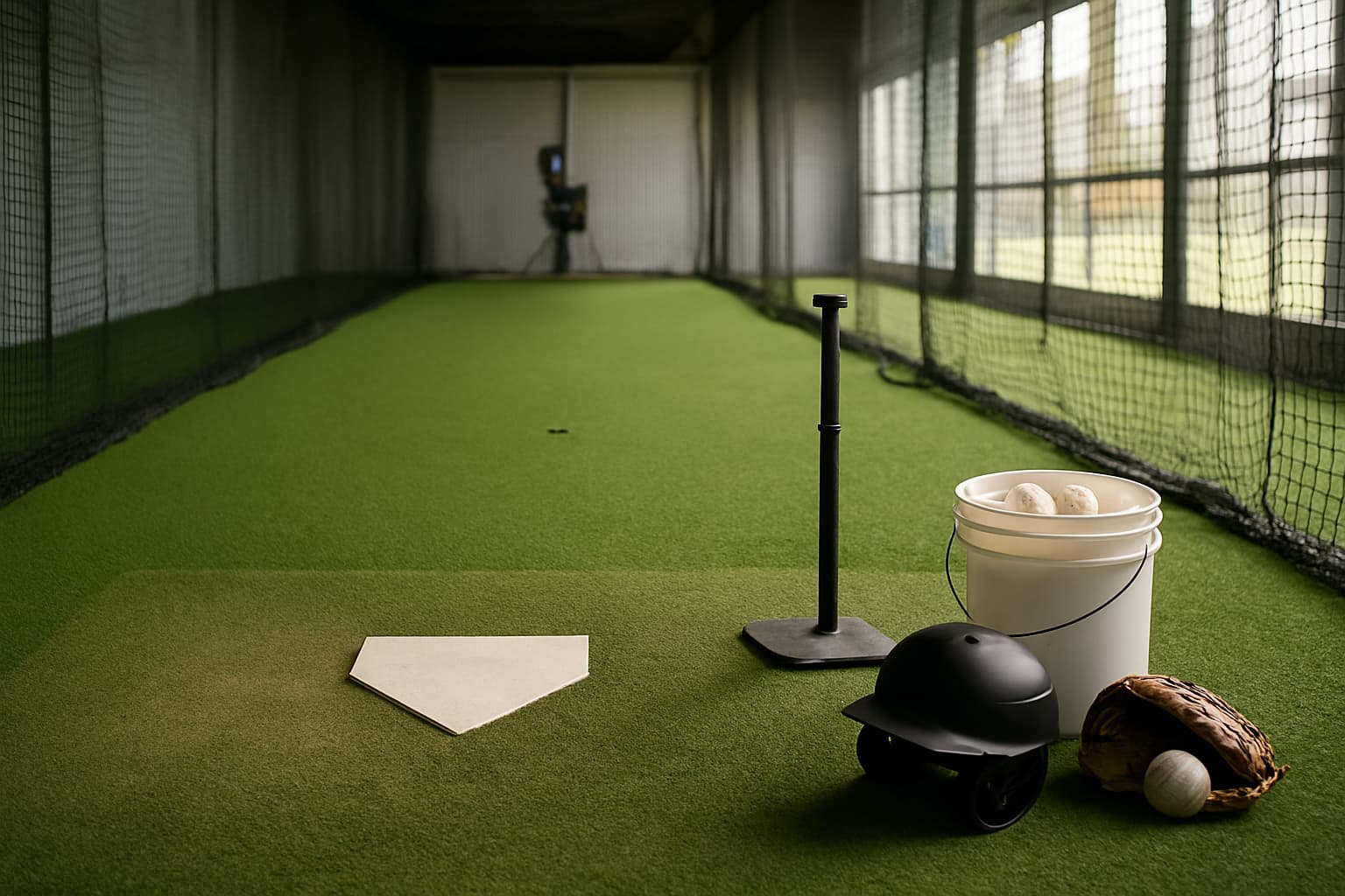 Indoor batting cage with turf, netting, tee, helmet, glove, and bucket of baseballs.