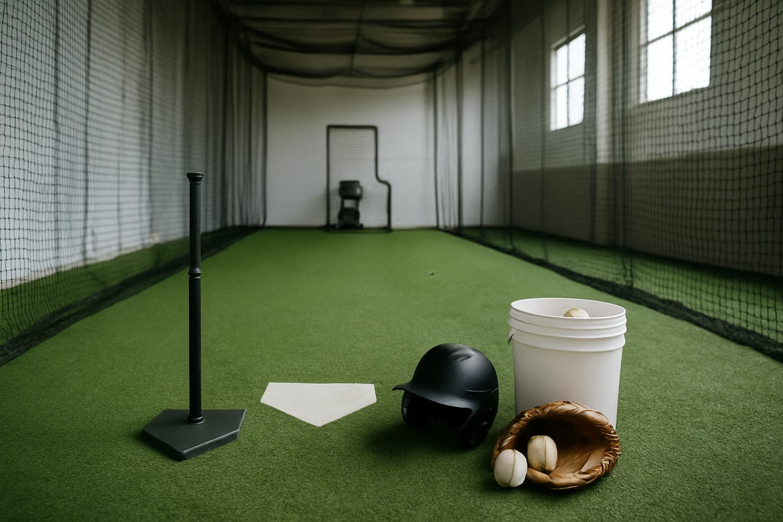 Indoor batting cage with a tee, helmet, glove, and bucket of baseballs arranged safely.
