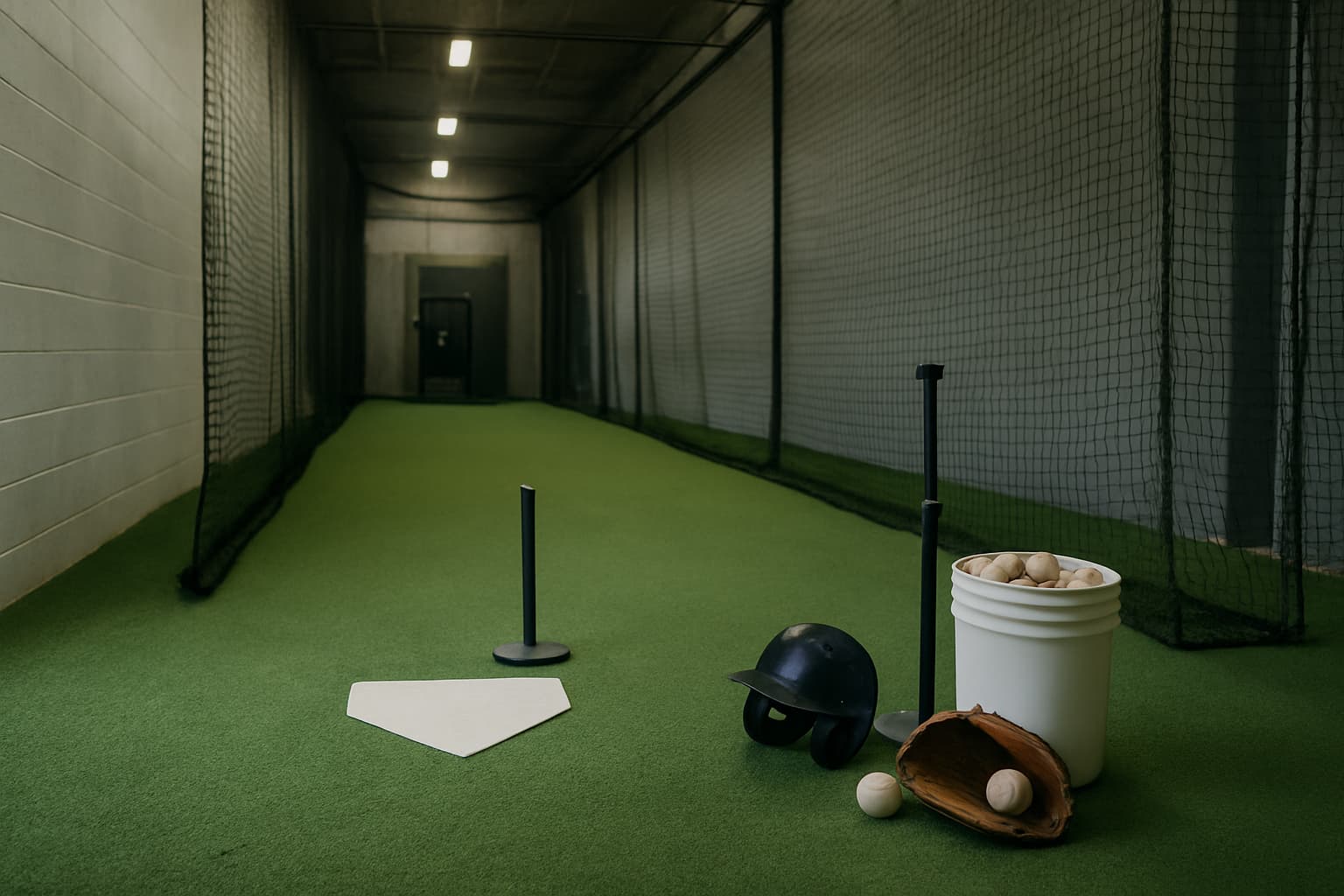 Indoor batting cage with turf, netting, tee, helmet, glove, and bucket of baseballs.