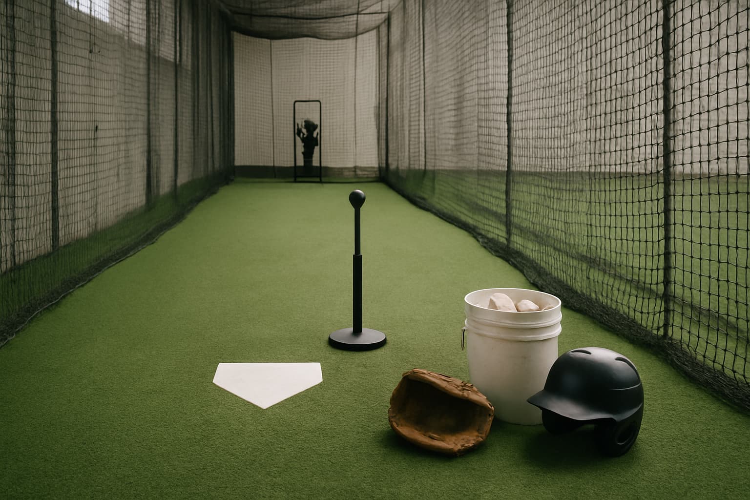 Indoor batting cage with turf, netting, tee, helmet, glove, and bucket of baseballs.