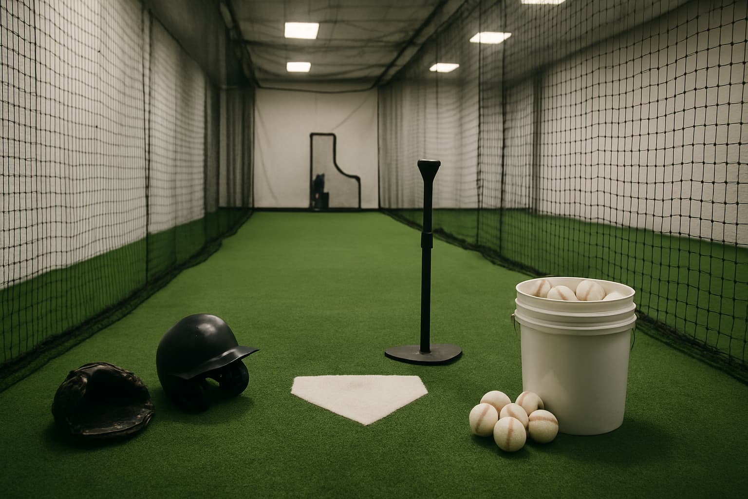 Indoor batting cage with turf, netting, helmet, glove, tee, and bucket of baseballs.