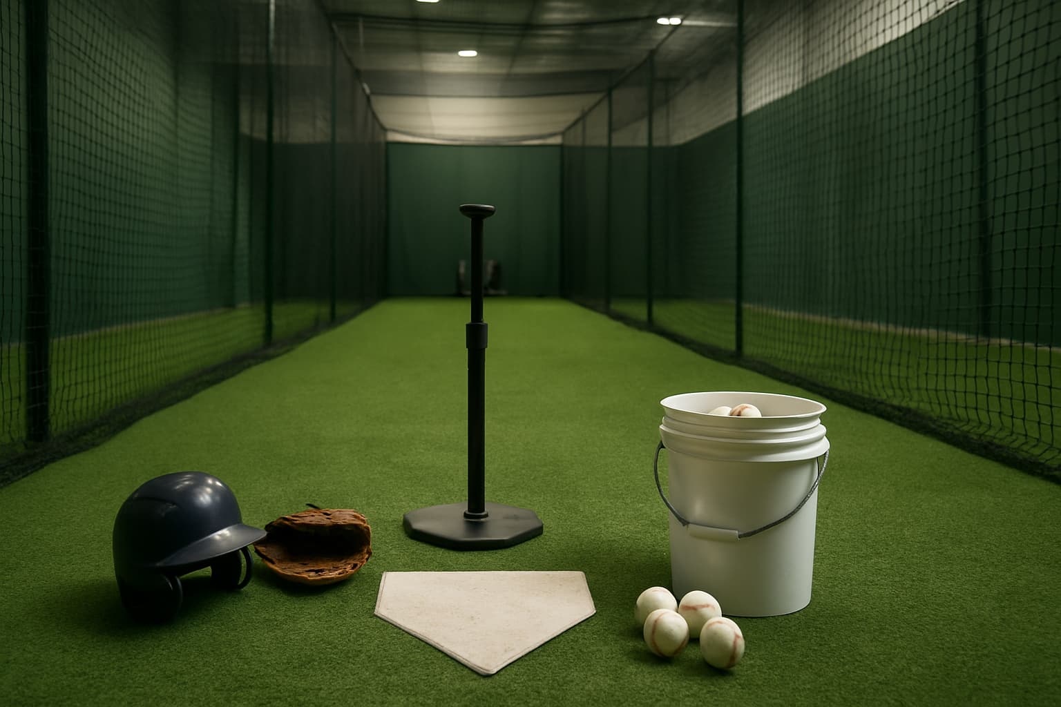 Indoor batting cage with a tee, helmet, glove, and bucket of baseballs arranged safely.