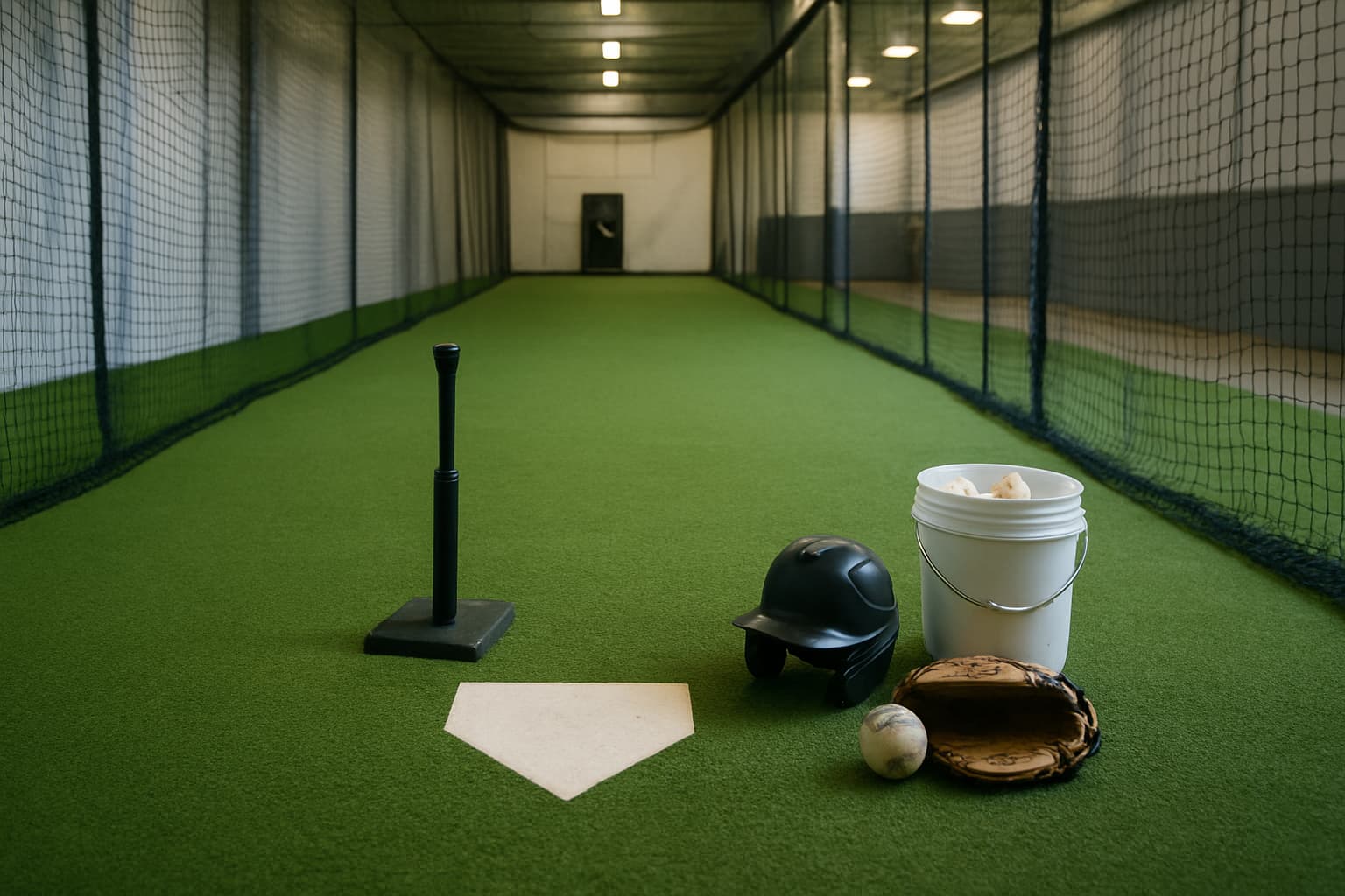 Indoor batting cage with a tee, helmet, glove, and bucket of baseballs arranged safely.